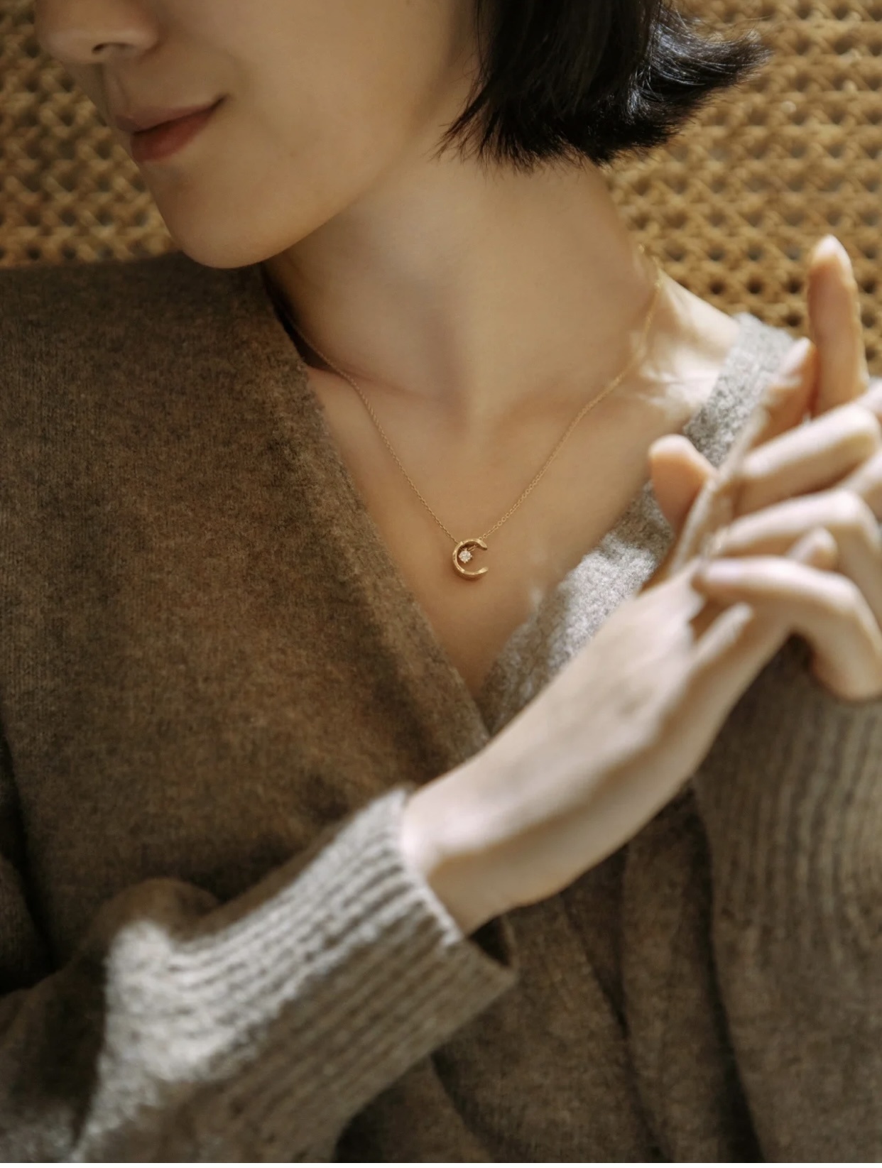 18K Rose Gold Quilted C Pendant Necklace with Brilliant Diamond