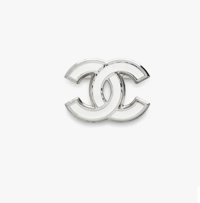 Elegant Chanel CC Logo Brooch Silver White Enamel Luxury Jewelry