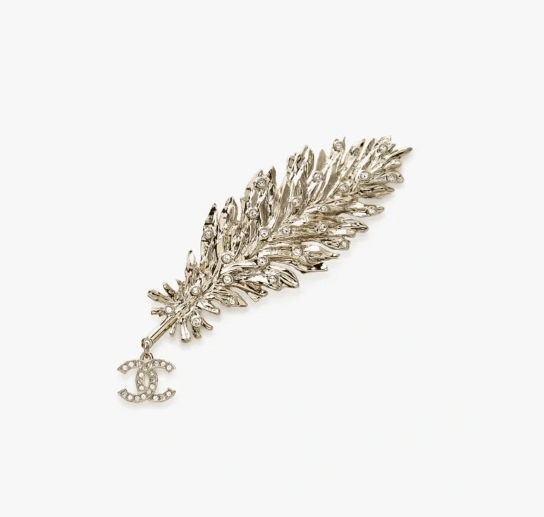 Elegant Crystal Feather Brooch with Iconic CC Logo Pendant