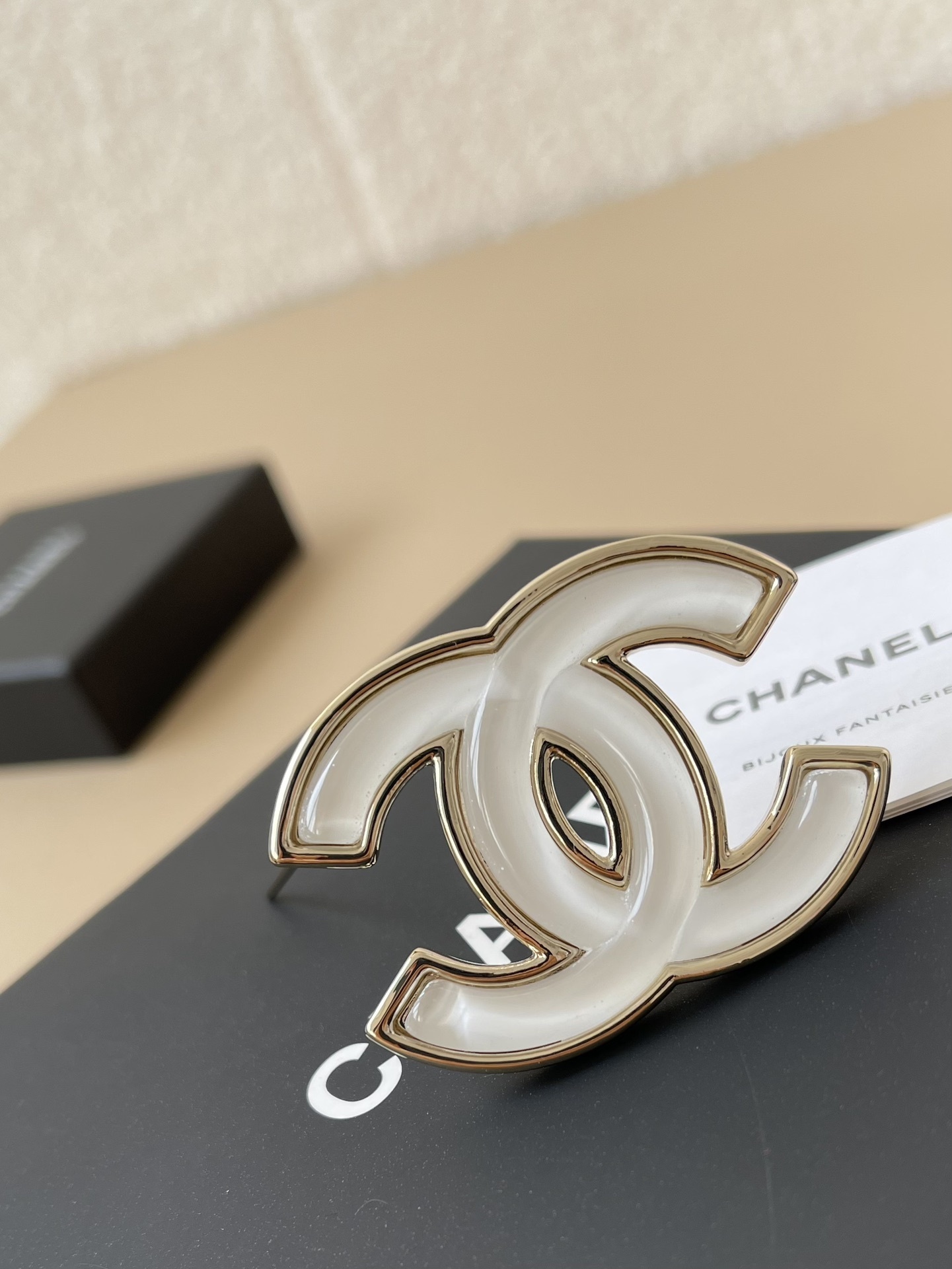 Chanel Classic CC Logo Brooch White Enamel & Gold-Tone Metal Pin