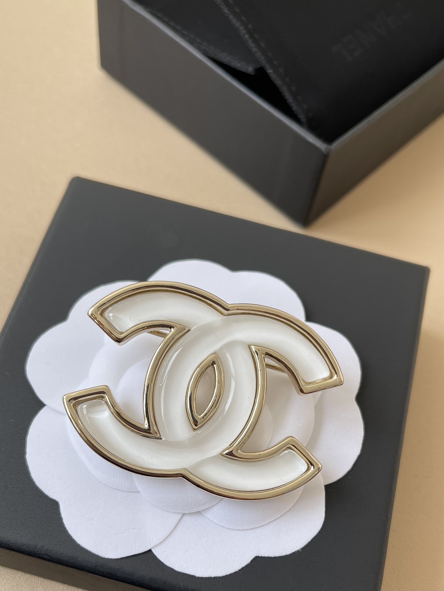 Chanel Classic CC Logo Brooch White Enamel & Gold-Tone Metal Pin