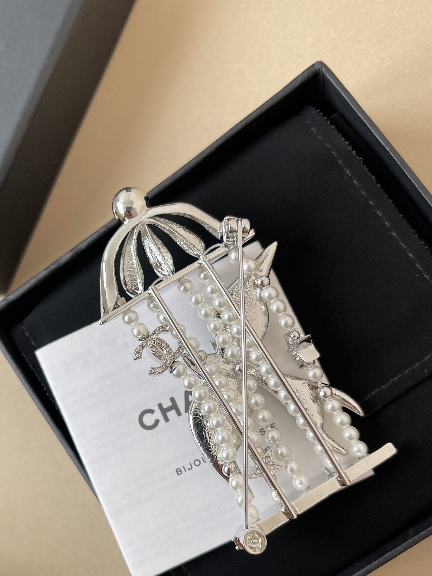Luxury Birdcage Crystal Brooch with Pearls and CC Logo