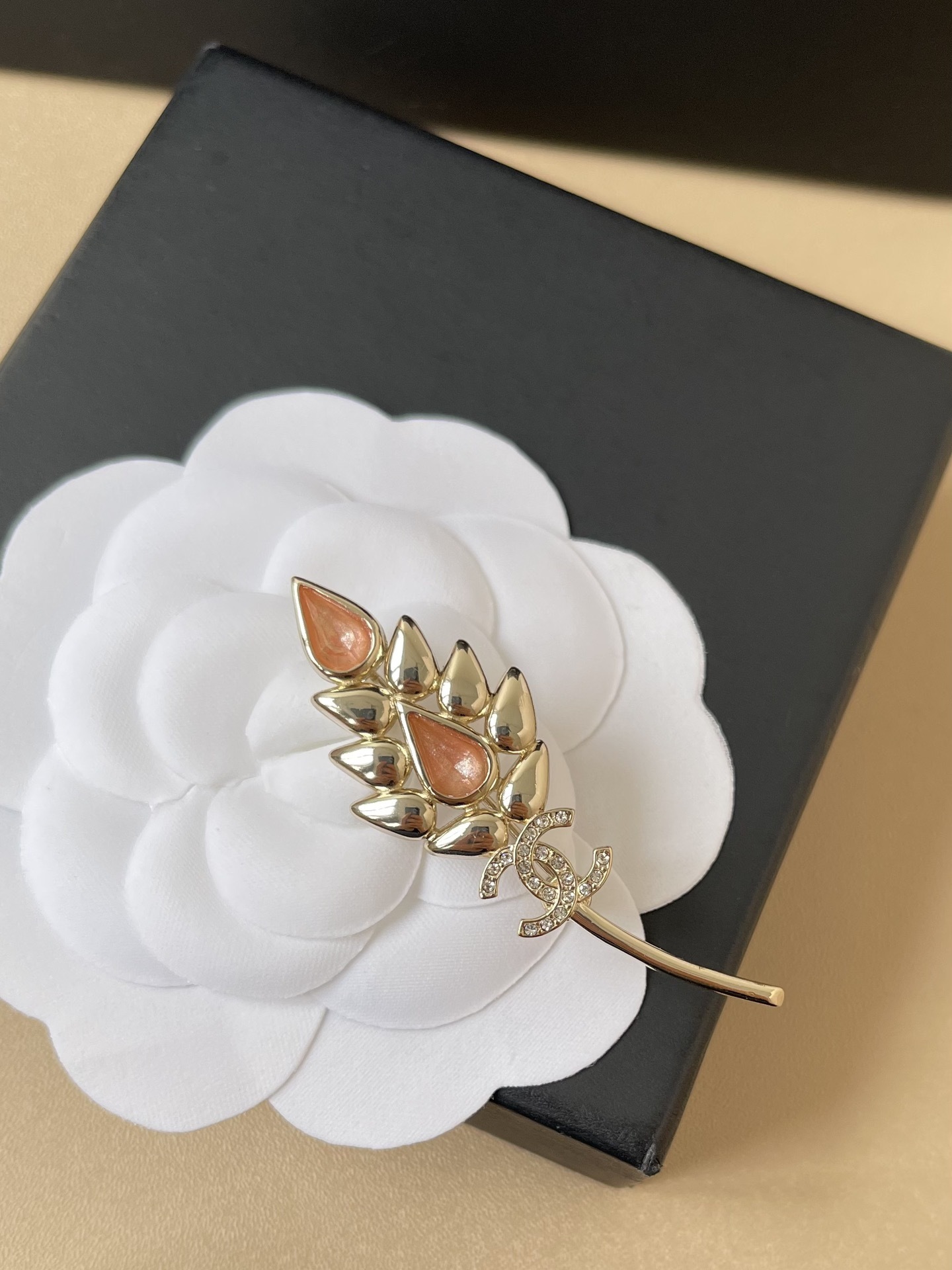 Chanel Gold Wheat Stalk Brooch with CC Logo and Pink Accents