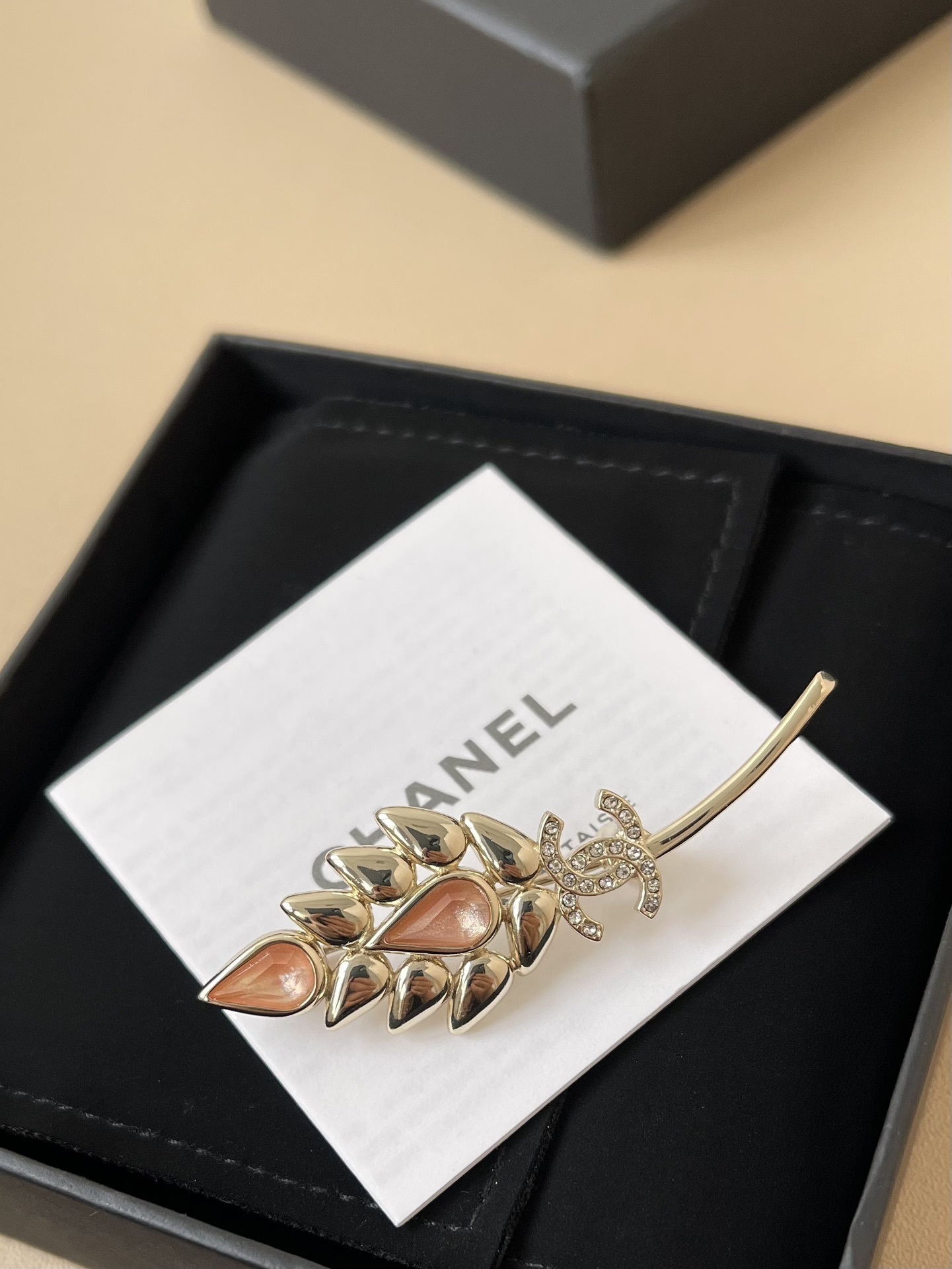 Chanel Gold Wheat Stalk Brooch with CC Logo and Pink Accents