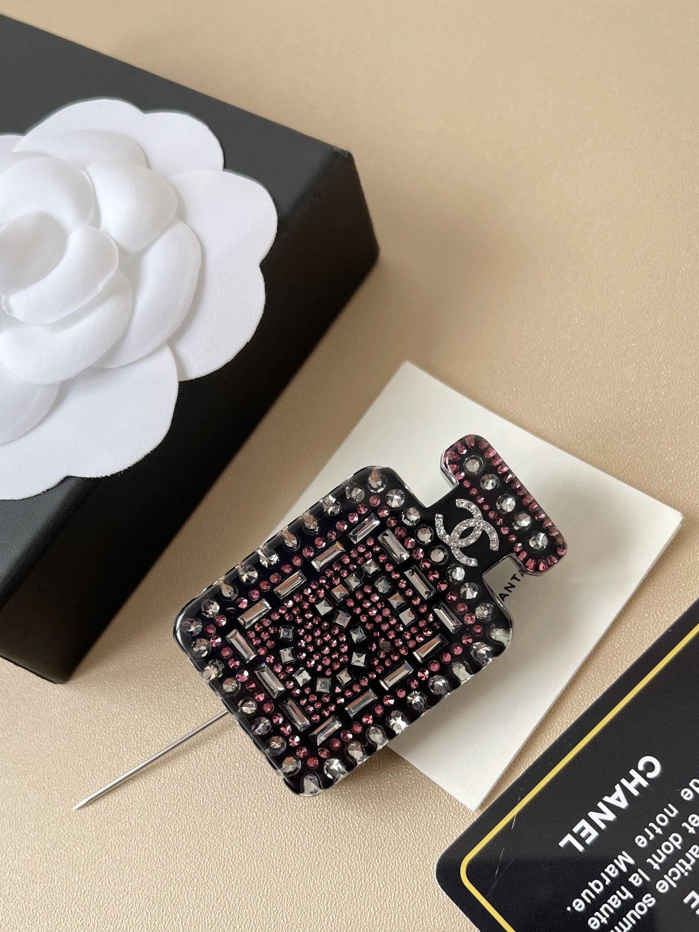 Elegant Crystal CC Logo & No. 5 Perfume Bottle Brooch Pin Collection