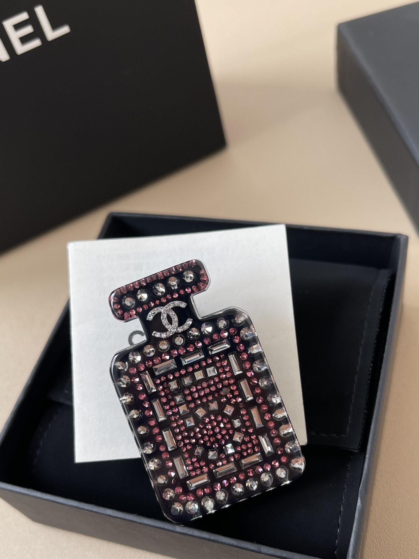 Elegant Crystal CC Logo & No. 5 Perfume Bottle Brooch Pin Collection