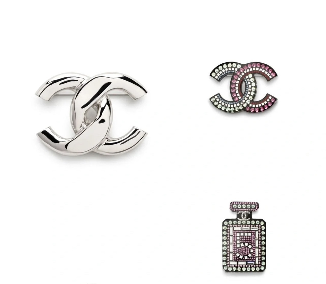 Elegant Crystal CC Logo & No. 5 Perfume Bottle Brooch Pin Collection