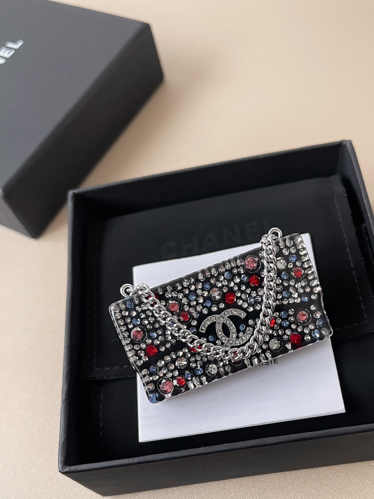 Elegant Chanel Mini Bag Brooch with Multi-Color Crystals & CC Logo