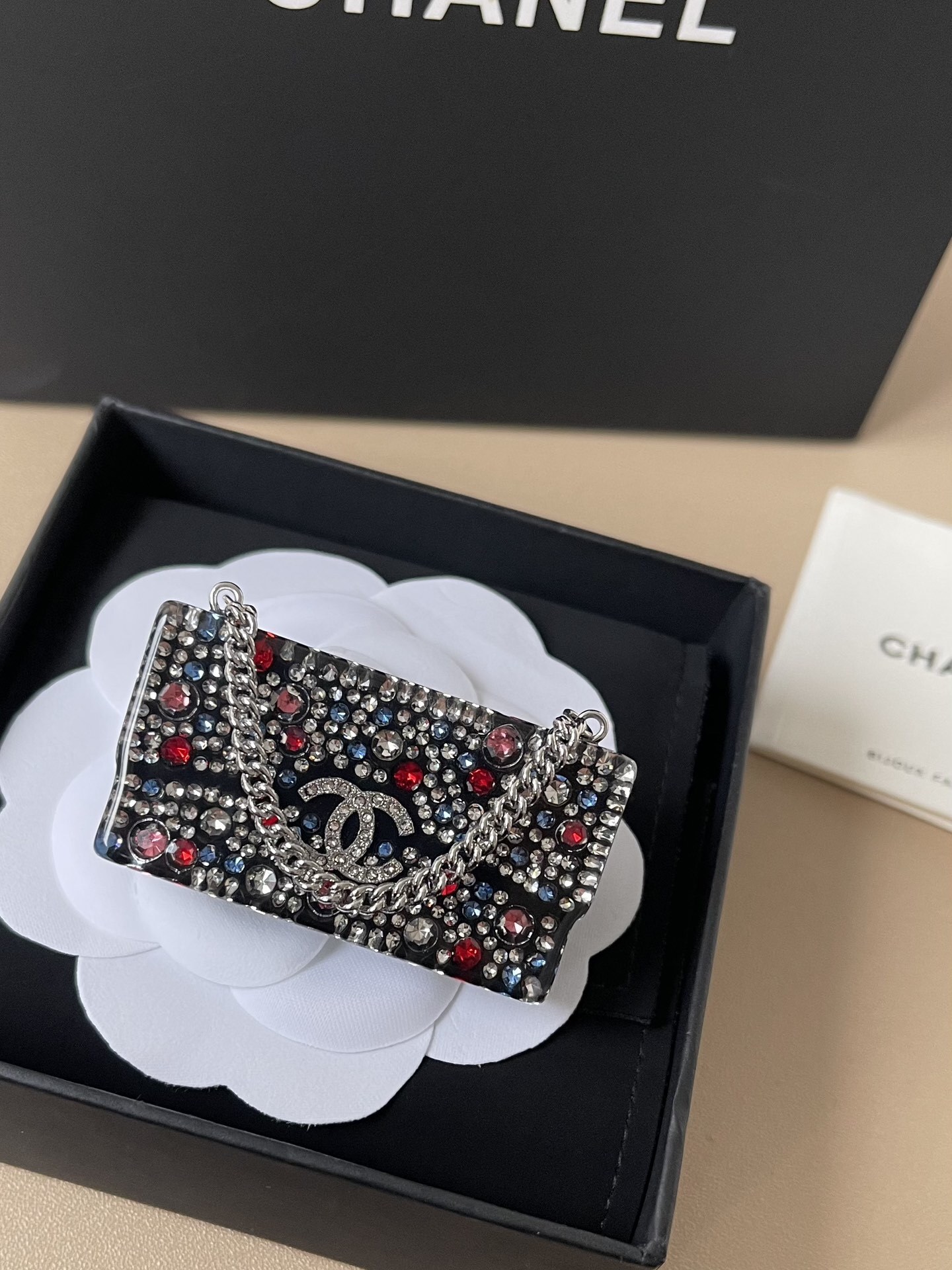 Elegant Chanel Mini Bag Brooch with Multi-Color Crystals & CC Logo