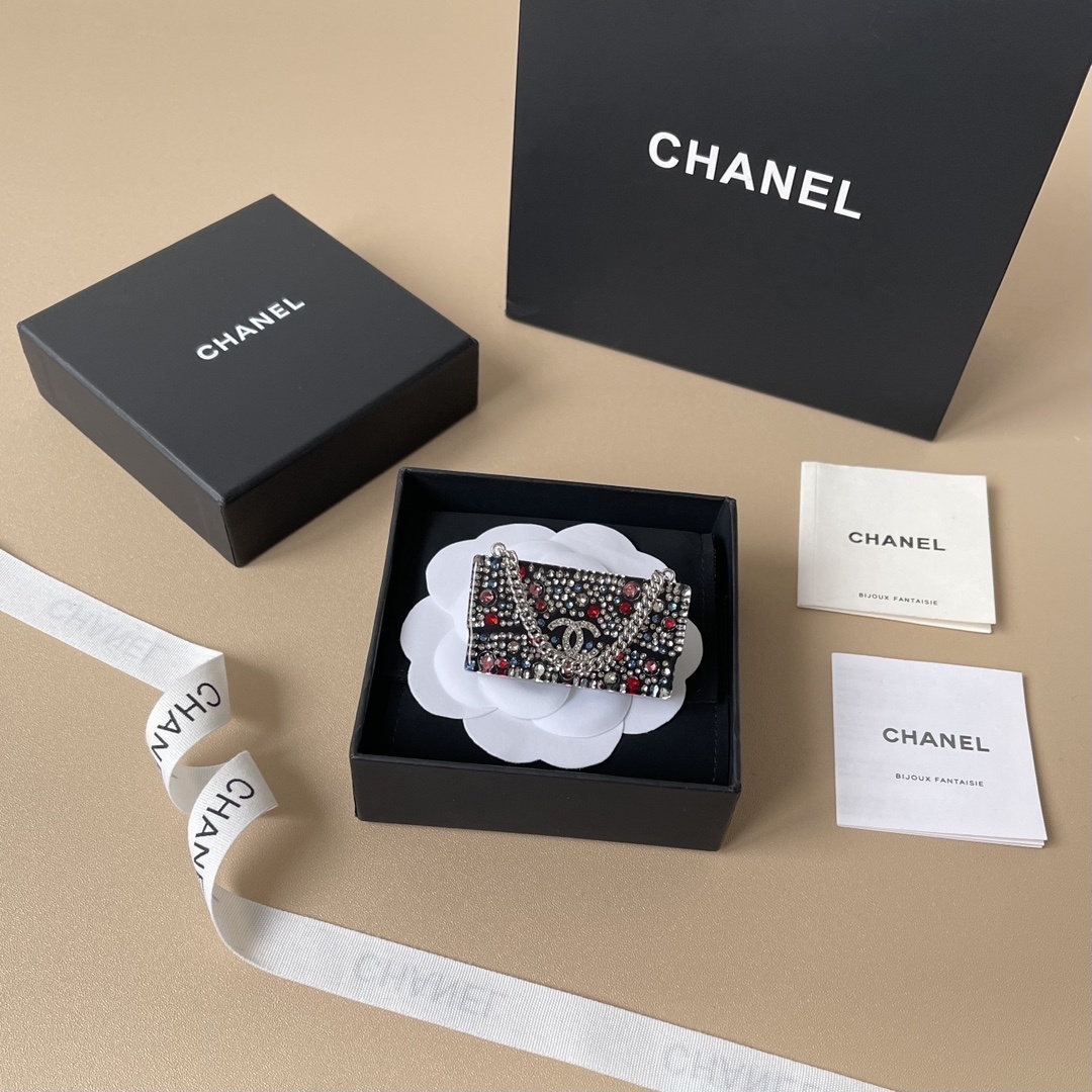 Elegant Chanel Mini Bag Brooch with Multi-Color Crystals & CC Logo