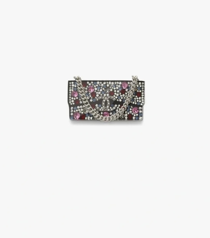 Elegant Chanel Mini Bag Brooch with Multi-Color Crystals & CC Logo