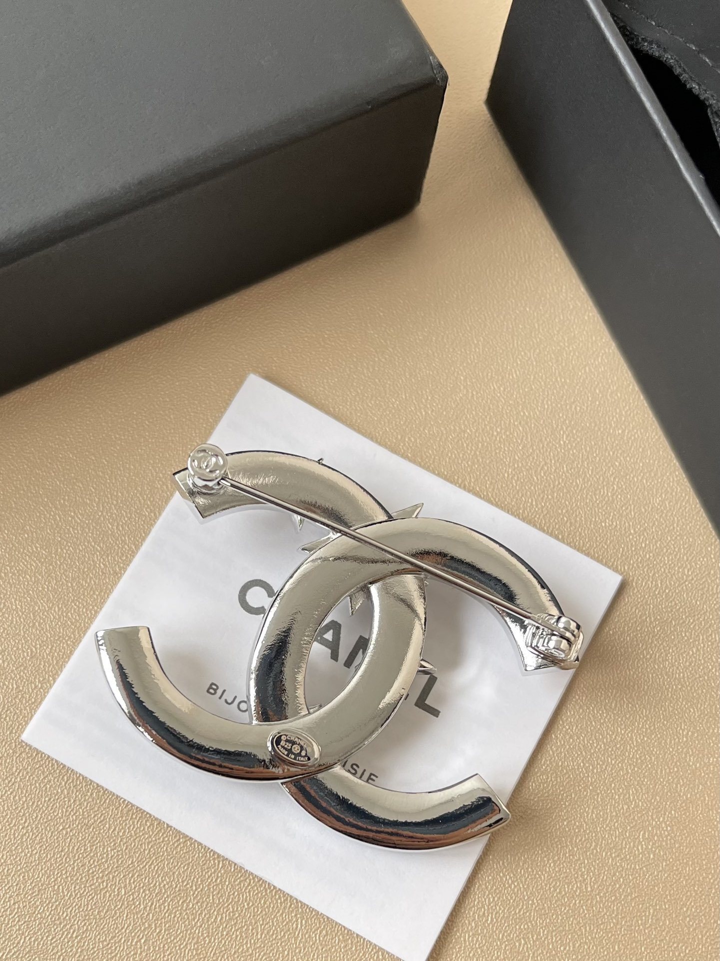 Elegant Silver CC Brooch with Pearl & Crystal Star Accents