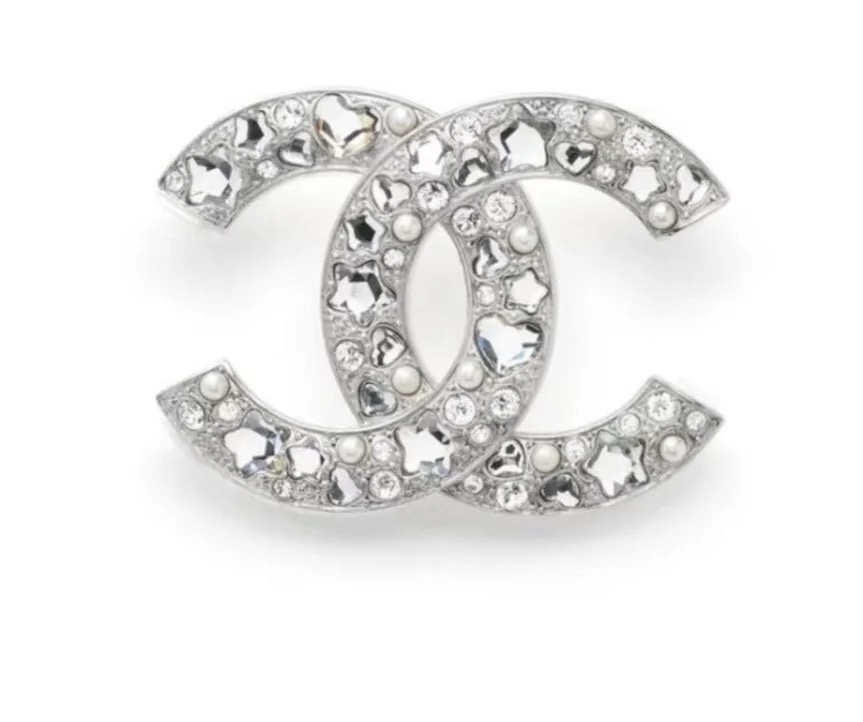 Elegant Crystal & Pearl Double C Brooch - Vintage Luxury Pin
