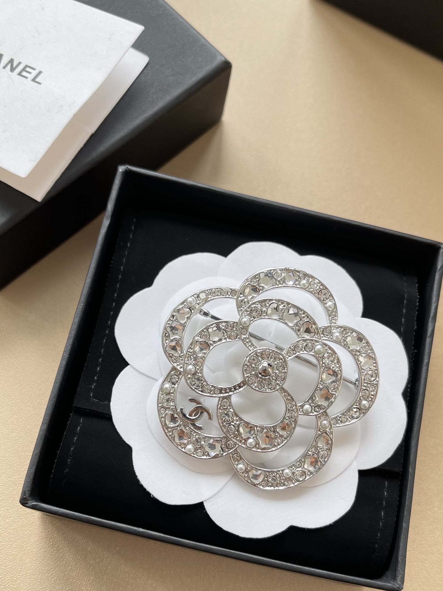 Elegant Camellia Flower Crystal Brooch Pin with Pearl & CC Logo