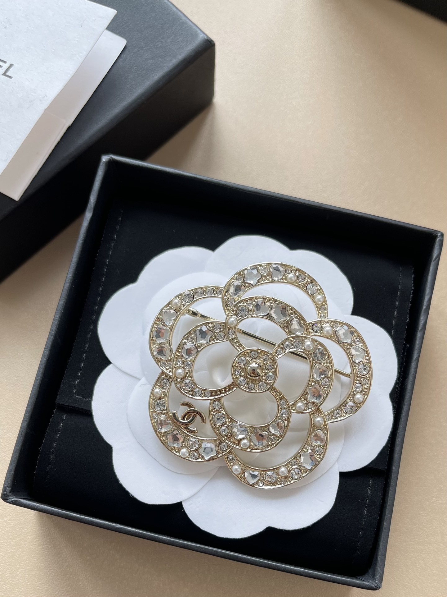 Elegant Camellia Flower Crystal Brooch Pin with Pearl & CC Logo