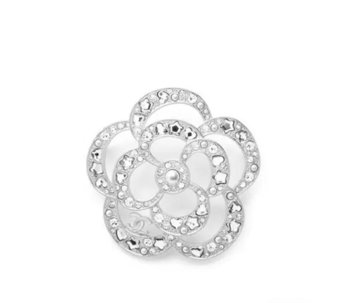 Elegant Camellia Flower Crystal Brooch Pin with Pearl & CC Logo