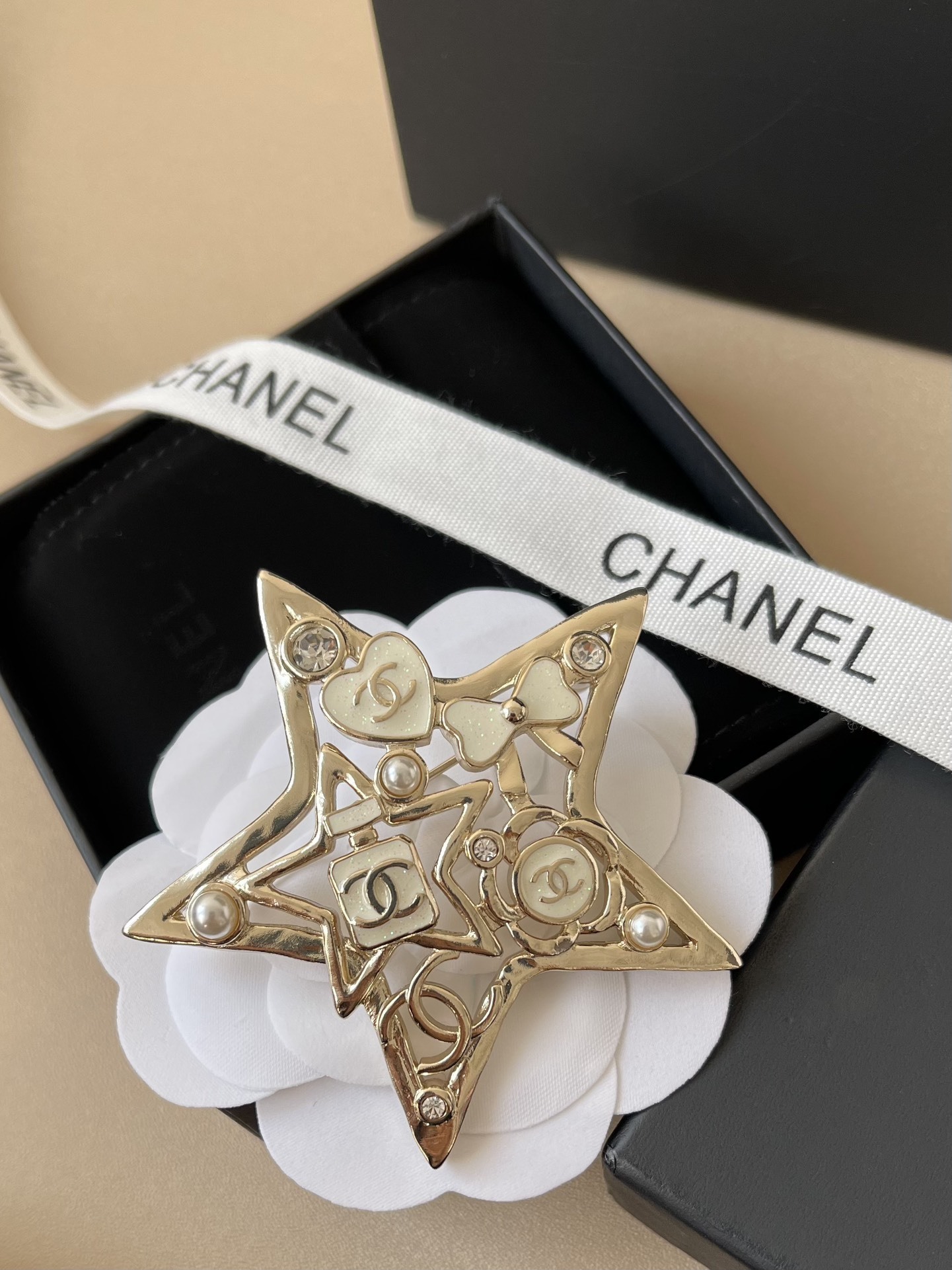 Luxury Chanel Star Brooch - Gold Tone with CC Logo, Pearls & Crystals