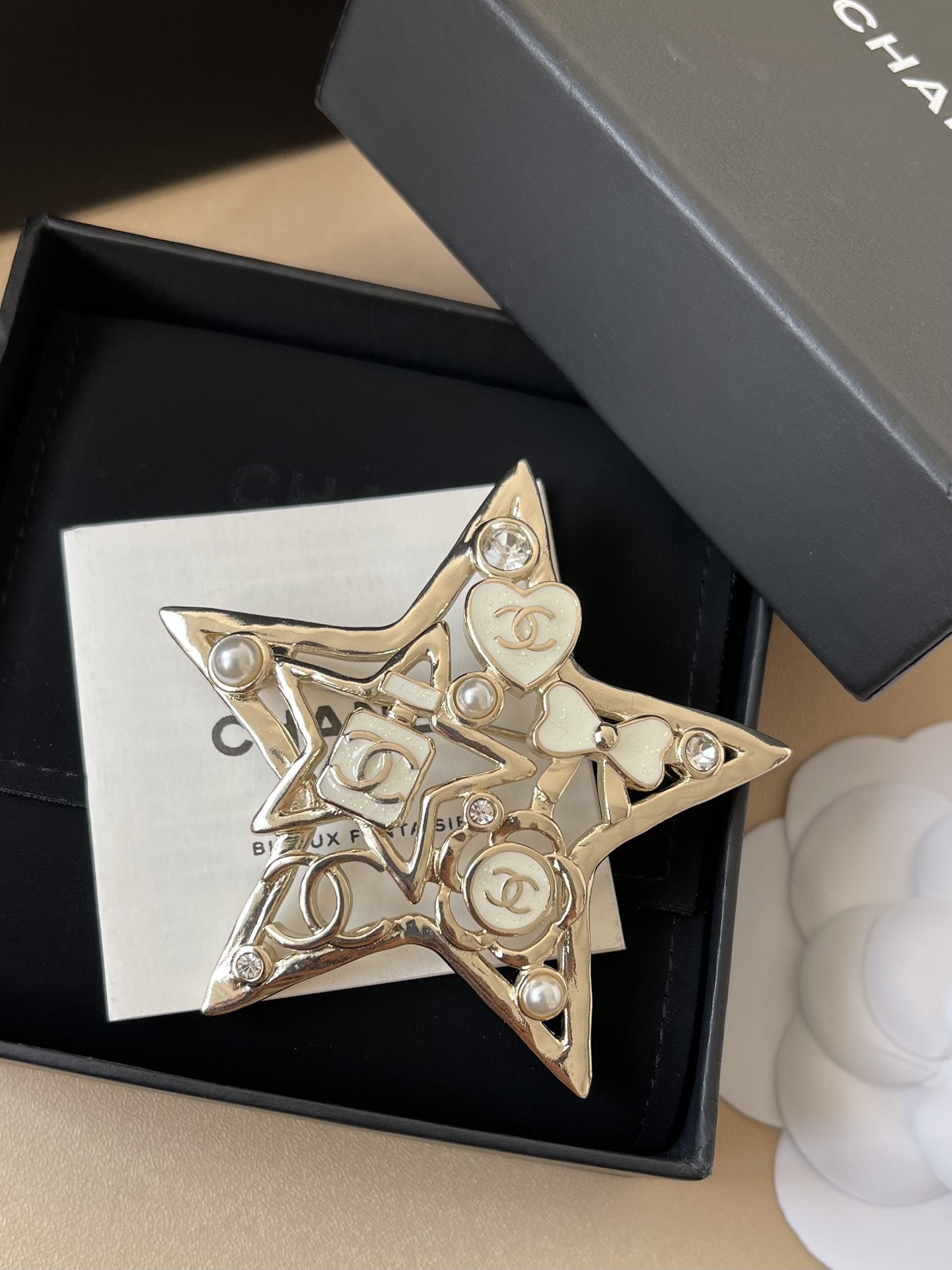 Luxury Chanel Star Brooch - Gold Tone with CC Logo, Pearls & Crystals