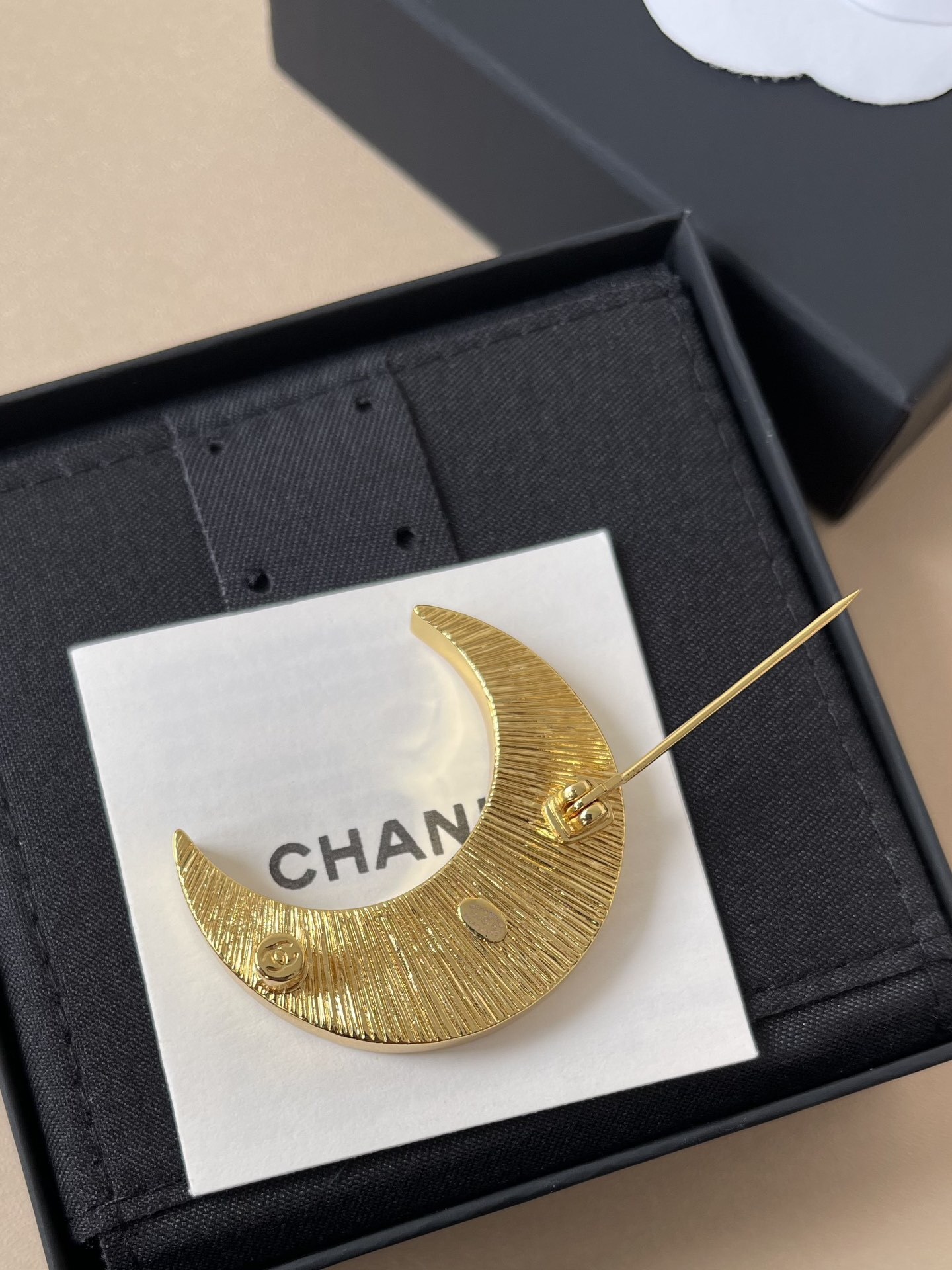Chanel Black Enamel Crescent Moon Brooch with Crystals & Stars