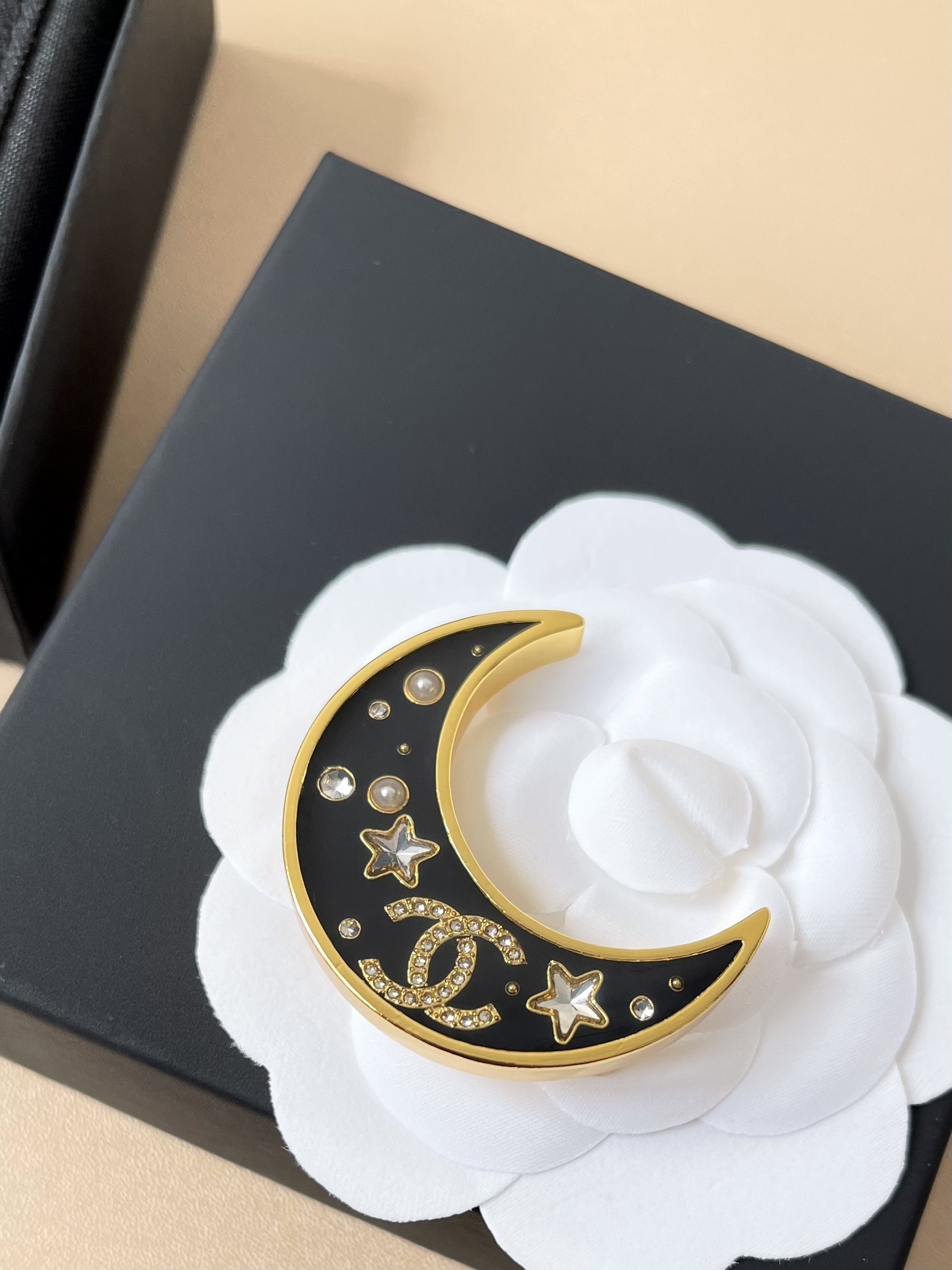 Chanel Black Enamel Crescent Moon Brooch with Crystals & Stars