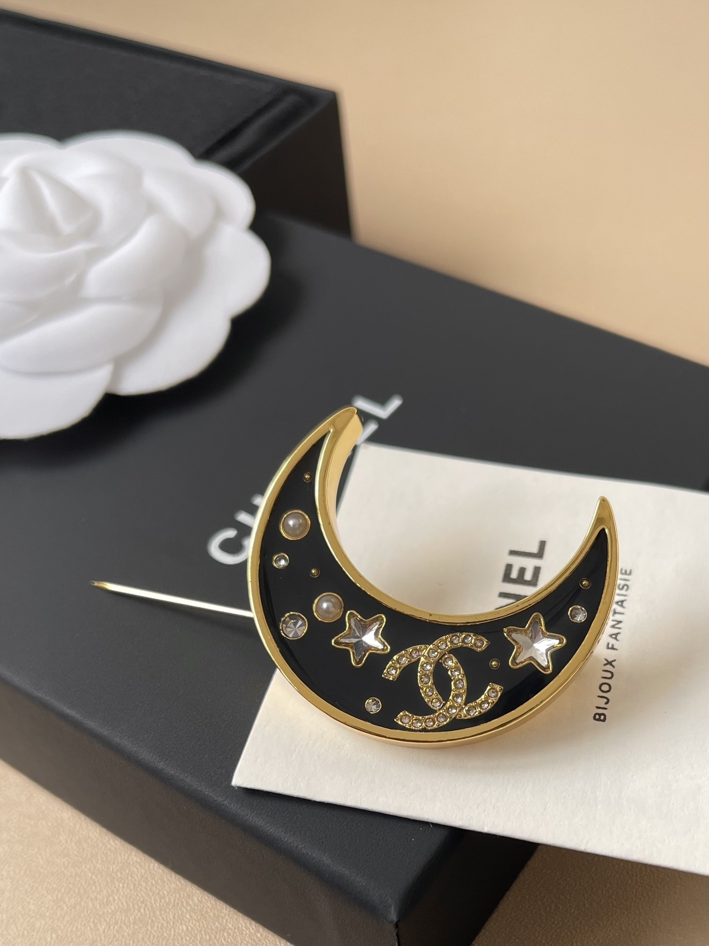 Chanel Black Enamel Crescent Moon Brooch with Crystals & Stars