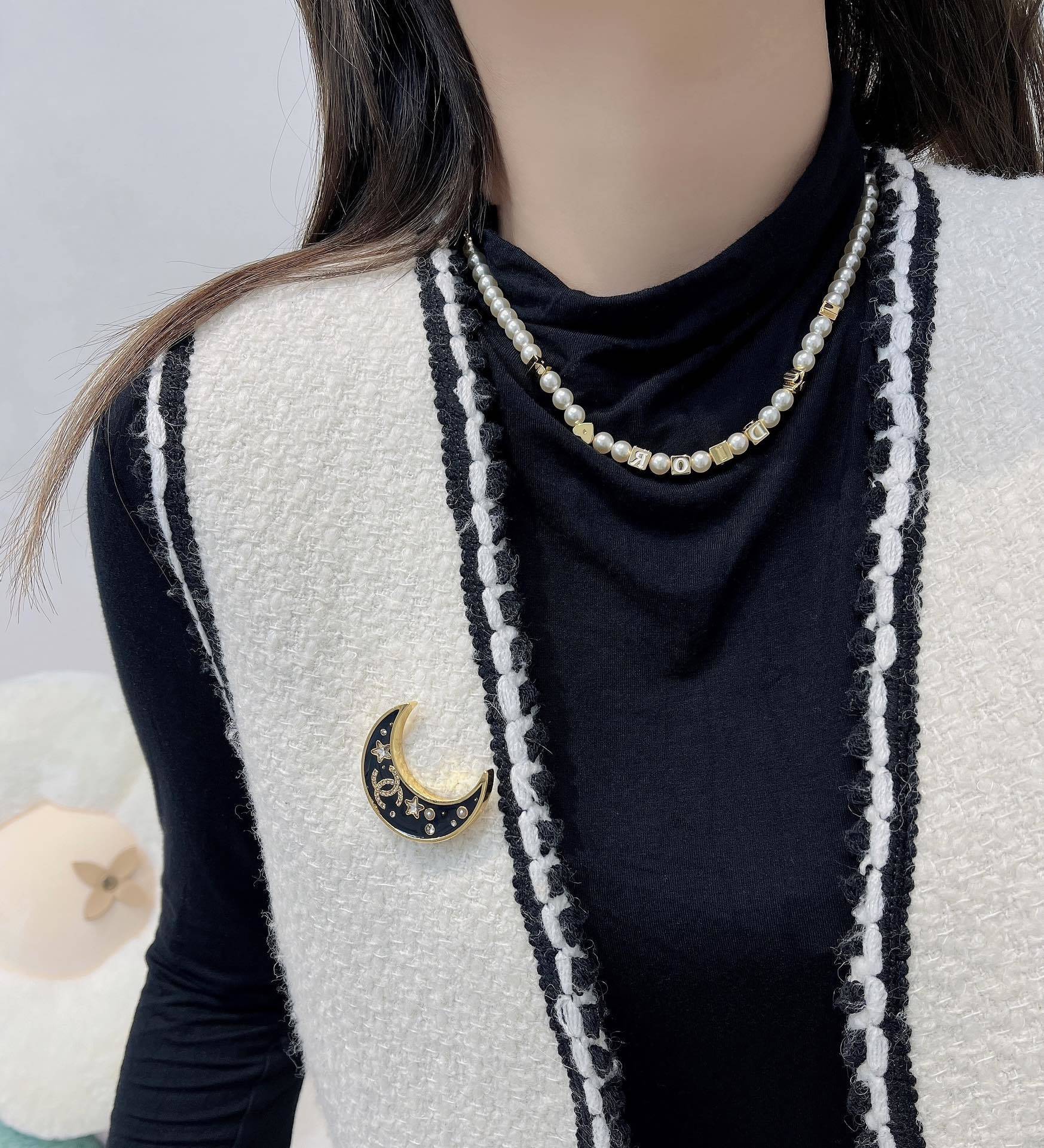 Chanel Black Enamel Crescent Moon Brooch with Crystals & Stars