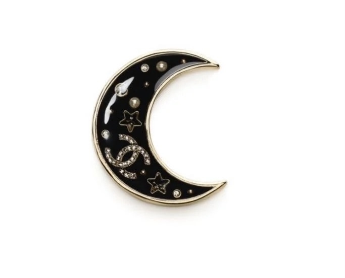 Chanel Black Enamel Crescent Moon Brooch with Crystals & Stars