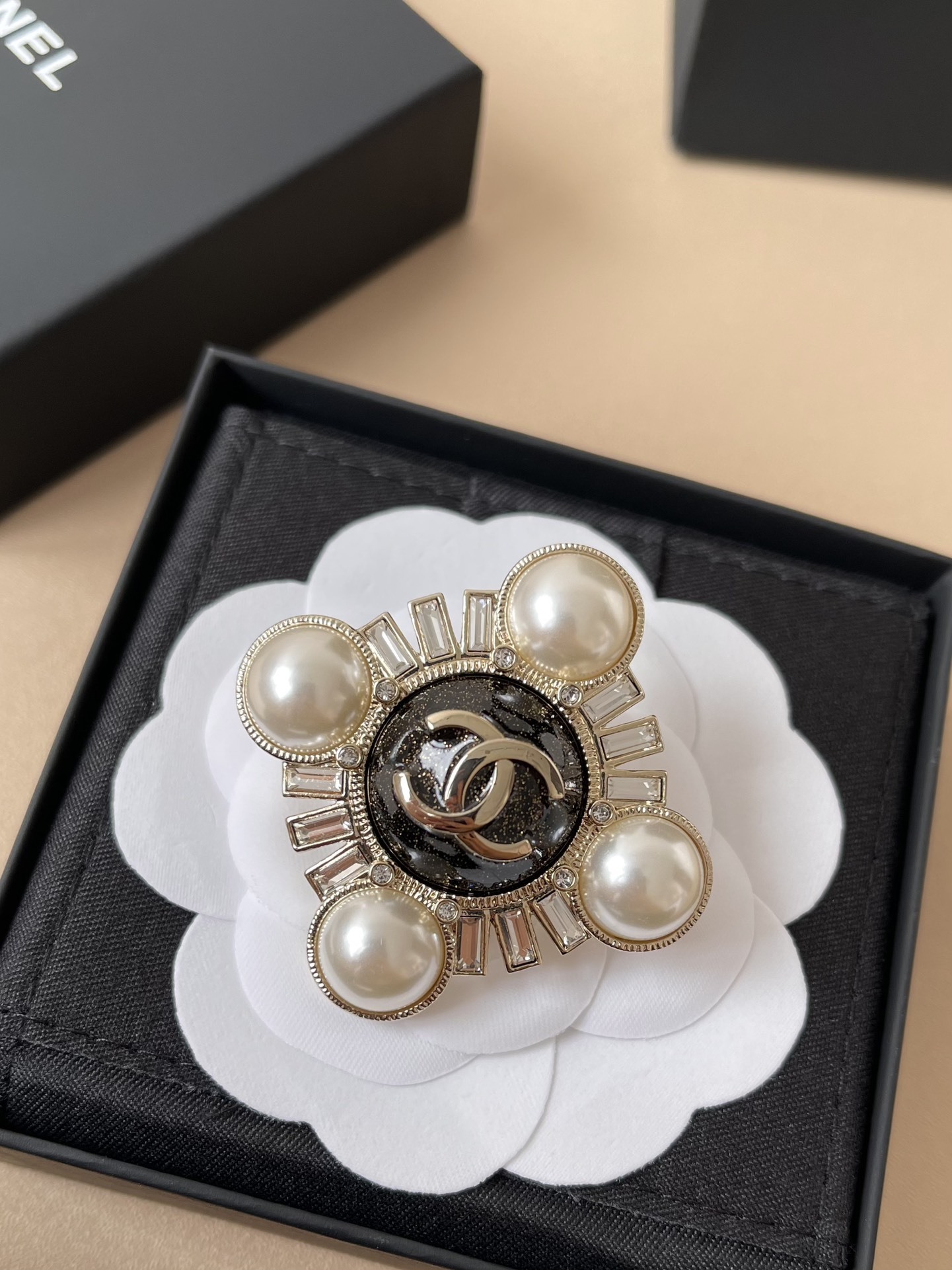 Luxury Gold Pearl and Crystal CC Brooch Pin - Elegant Designer Jewelry