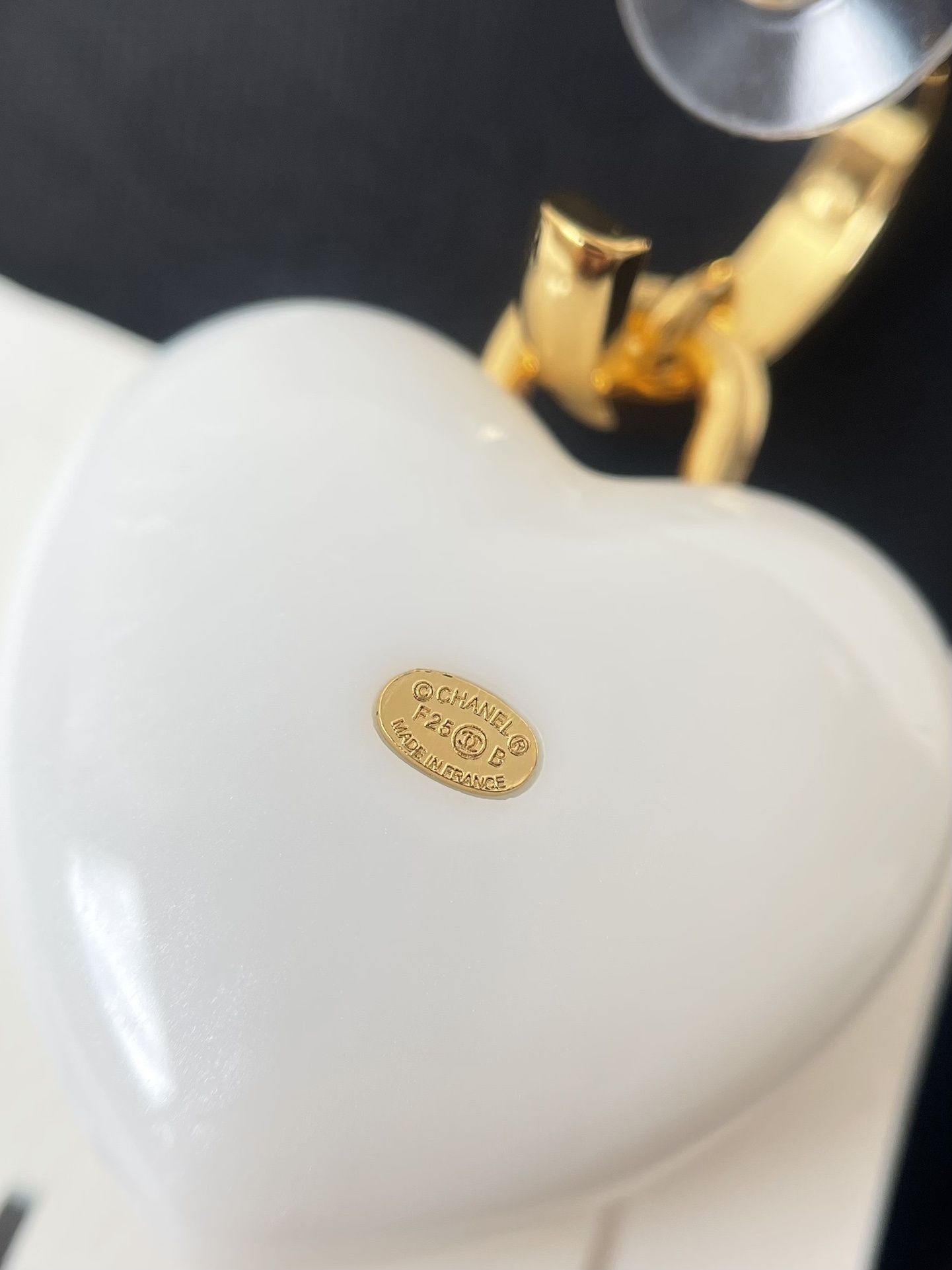Chanel Luxury White Heart Drop Earrings Gold CC Logo Crystal