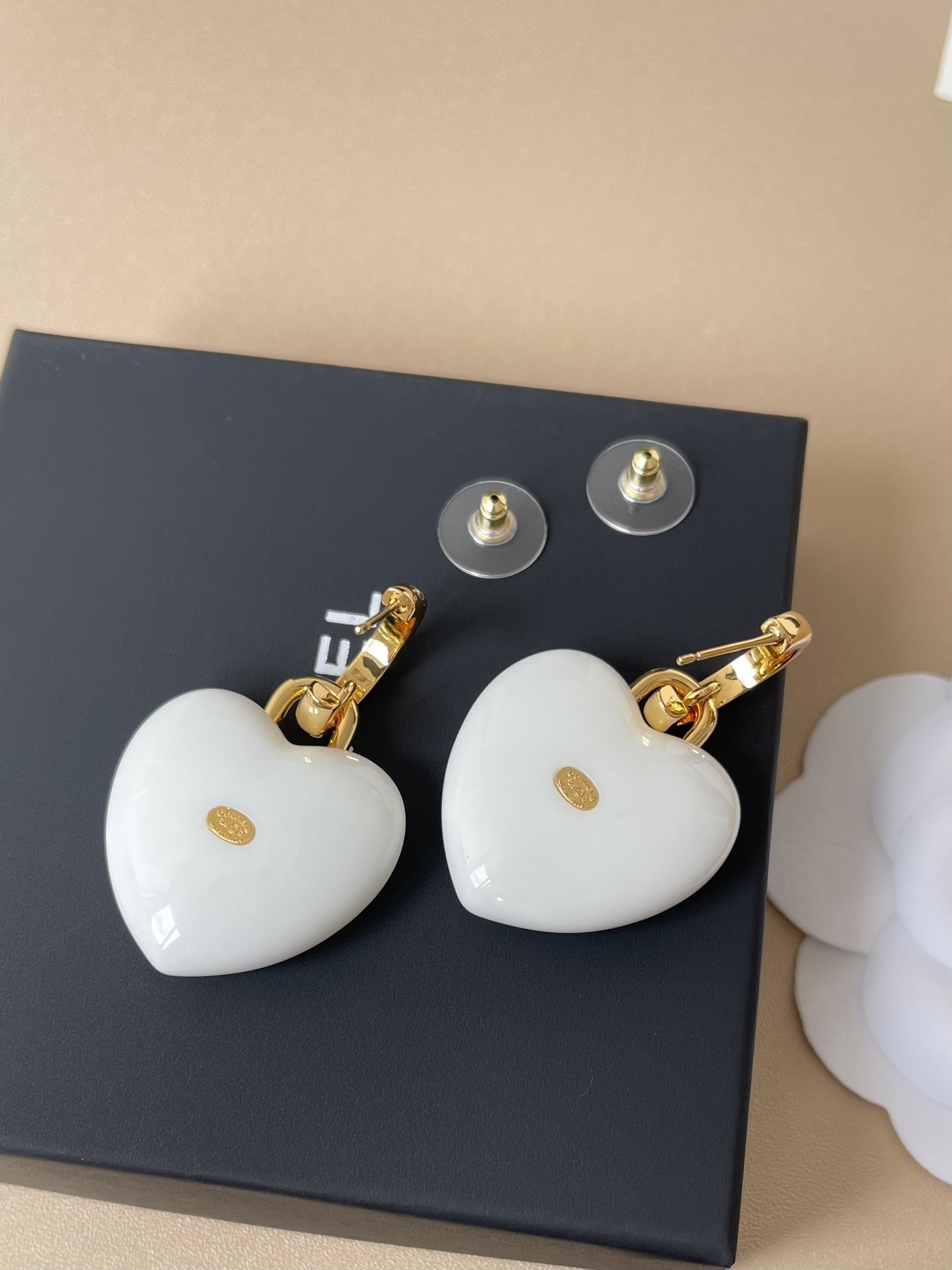Chanel Luxury White Heart Drop Earrings Gold CC Logo Crystal
