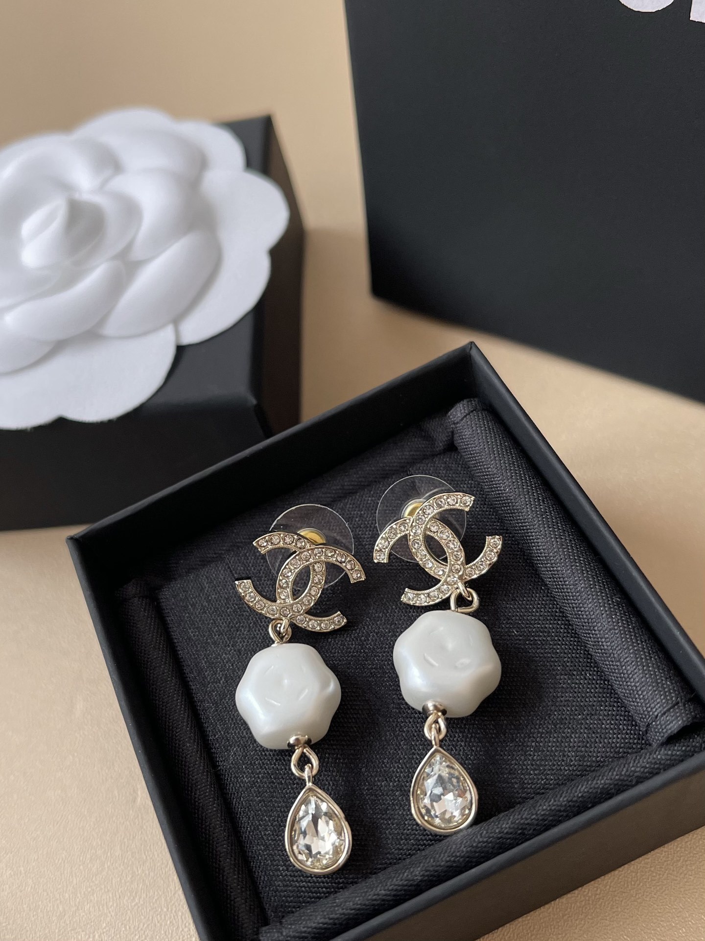 Luxury Double C Logo Pearl and Crystal Teardrop Earrings
