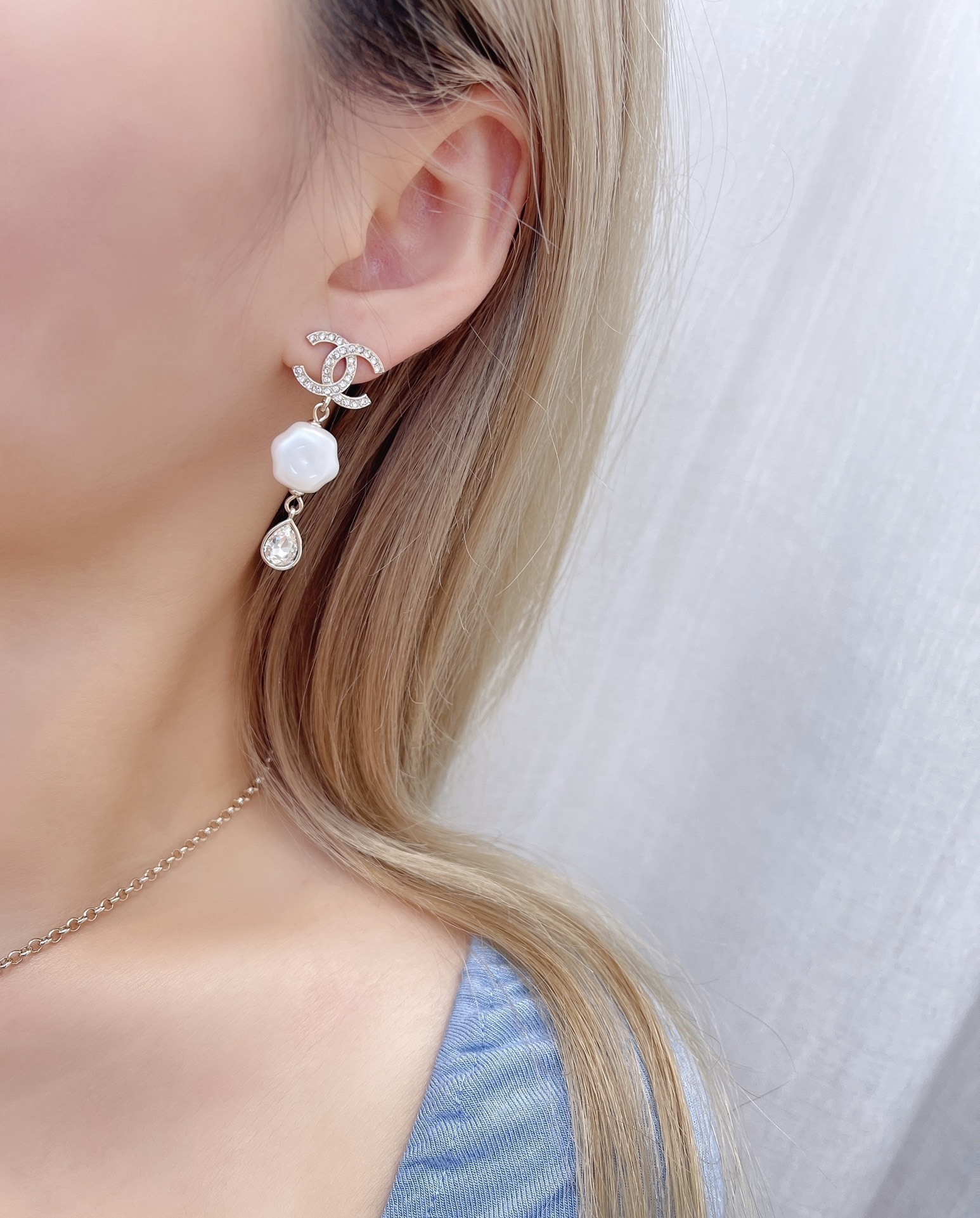 Luxury Double C Logo Pearl and Crystal Teardrop Earrings