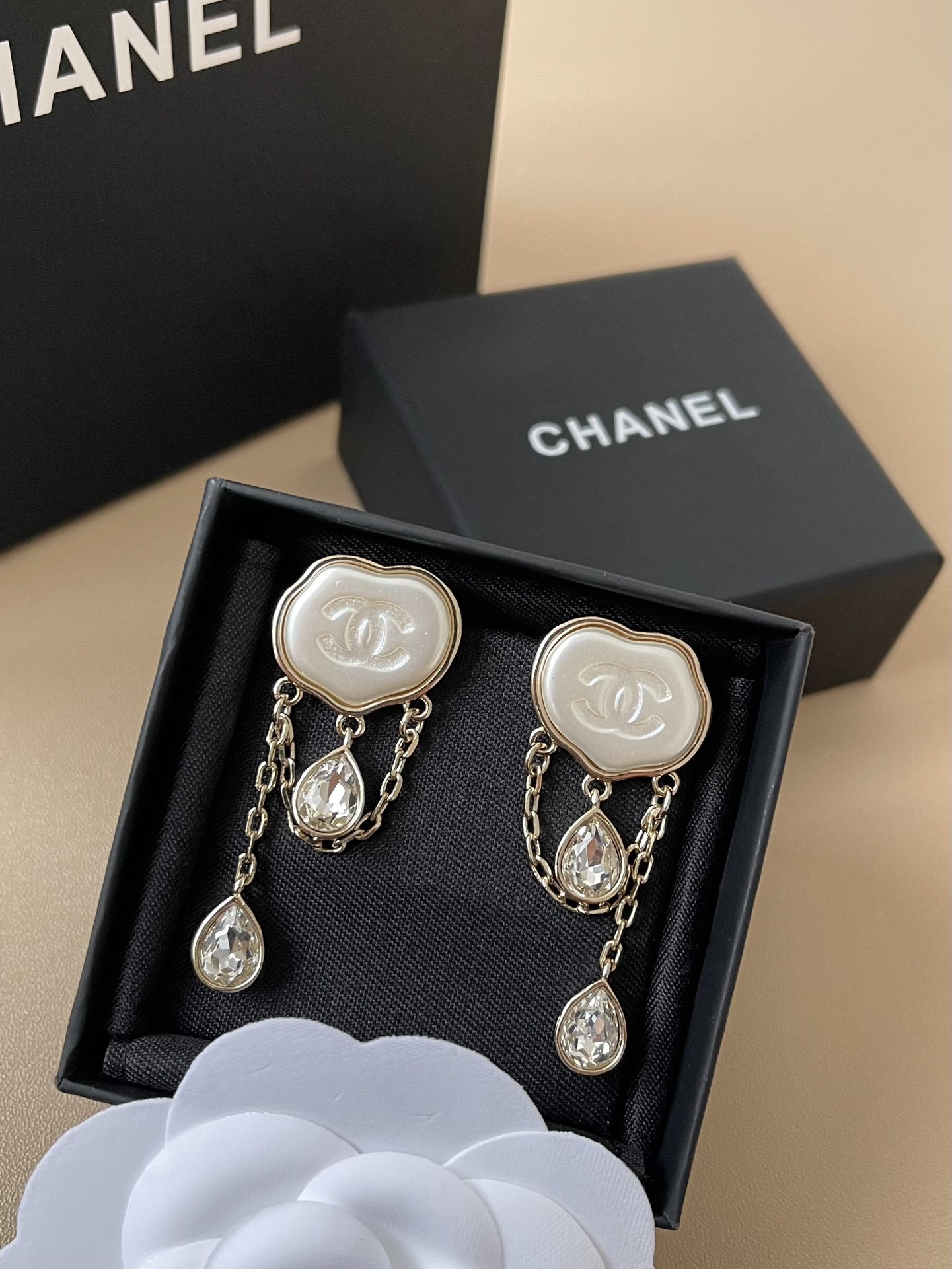 Chanel CC Logo Pearl Heart Dangle Earrings with Crystal Drops