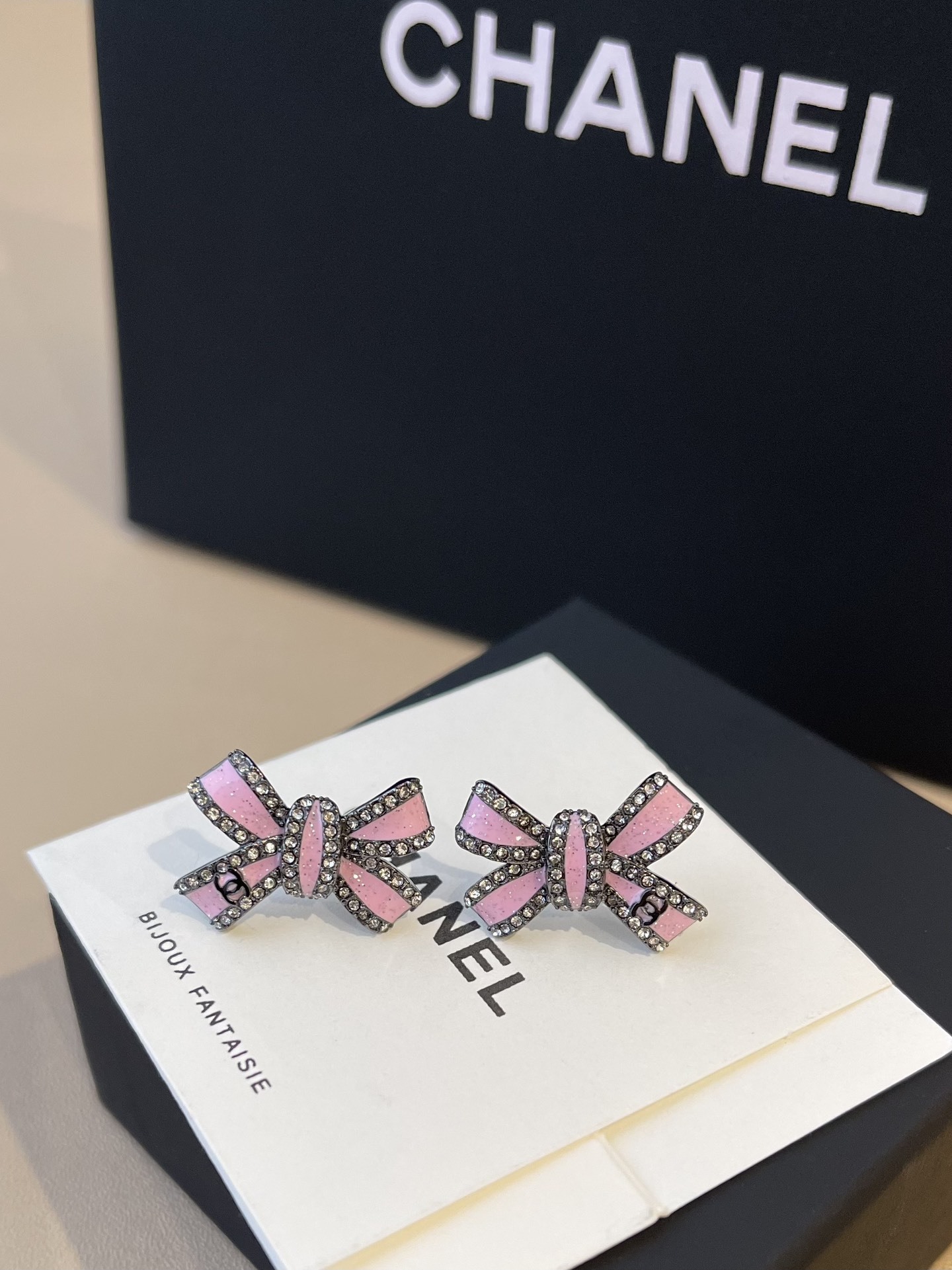 Luxury Chanel Pink Enamel Bow Stud Earrings with Sparkling Crystals