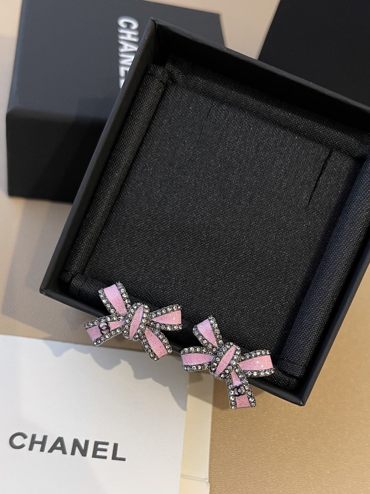 Luxury Chanel Pink Enamel Bow Stud Earrings with Sparkling Crystals
