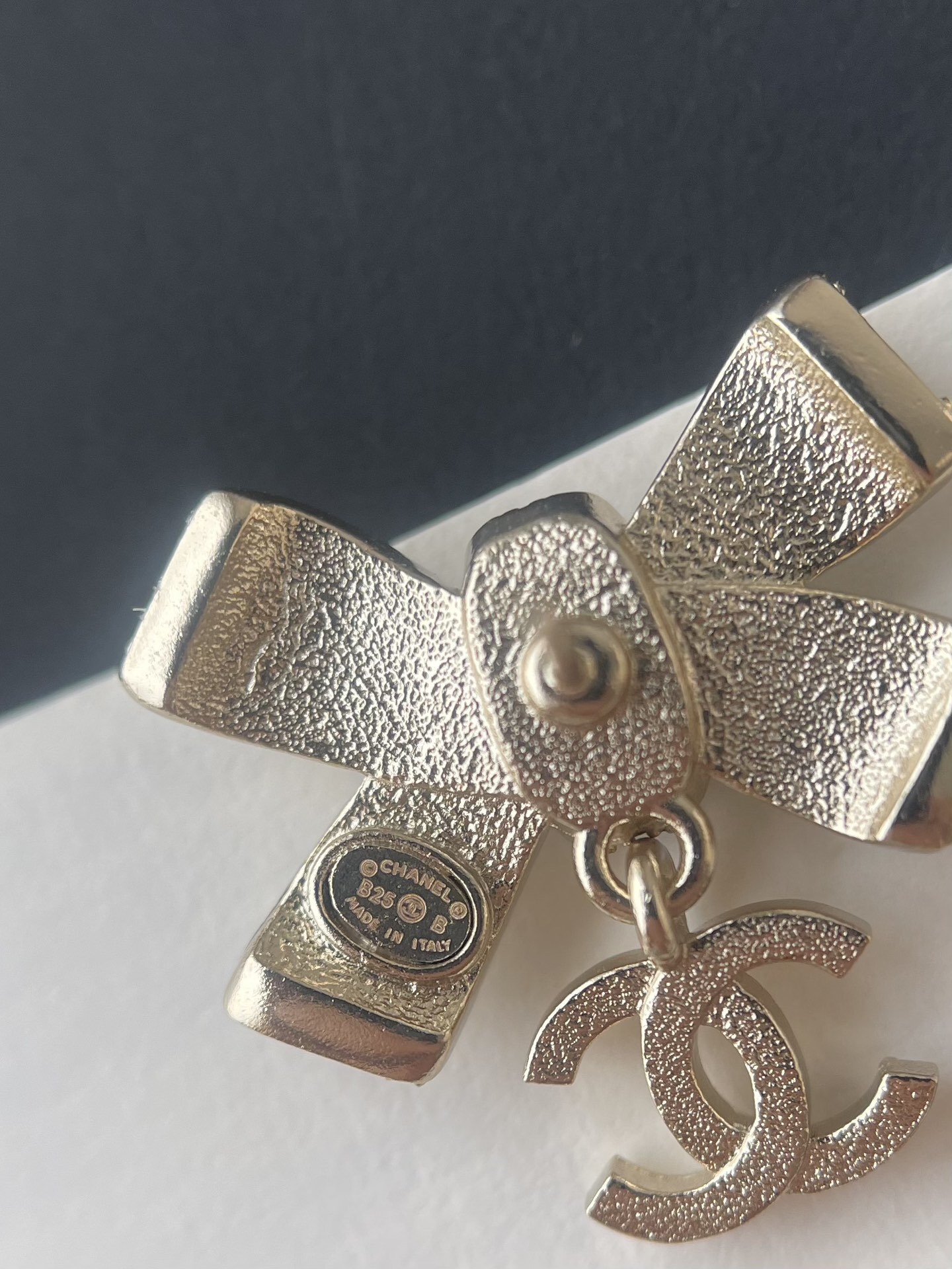 Chanel Crystal Bow Earrings with Black Enamel and CC Logo Drop