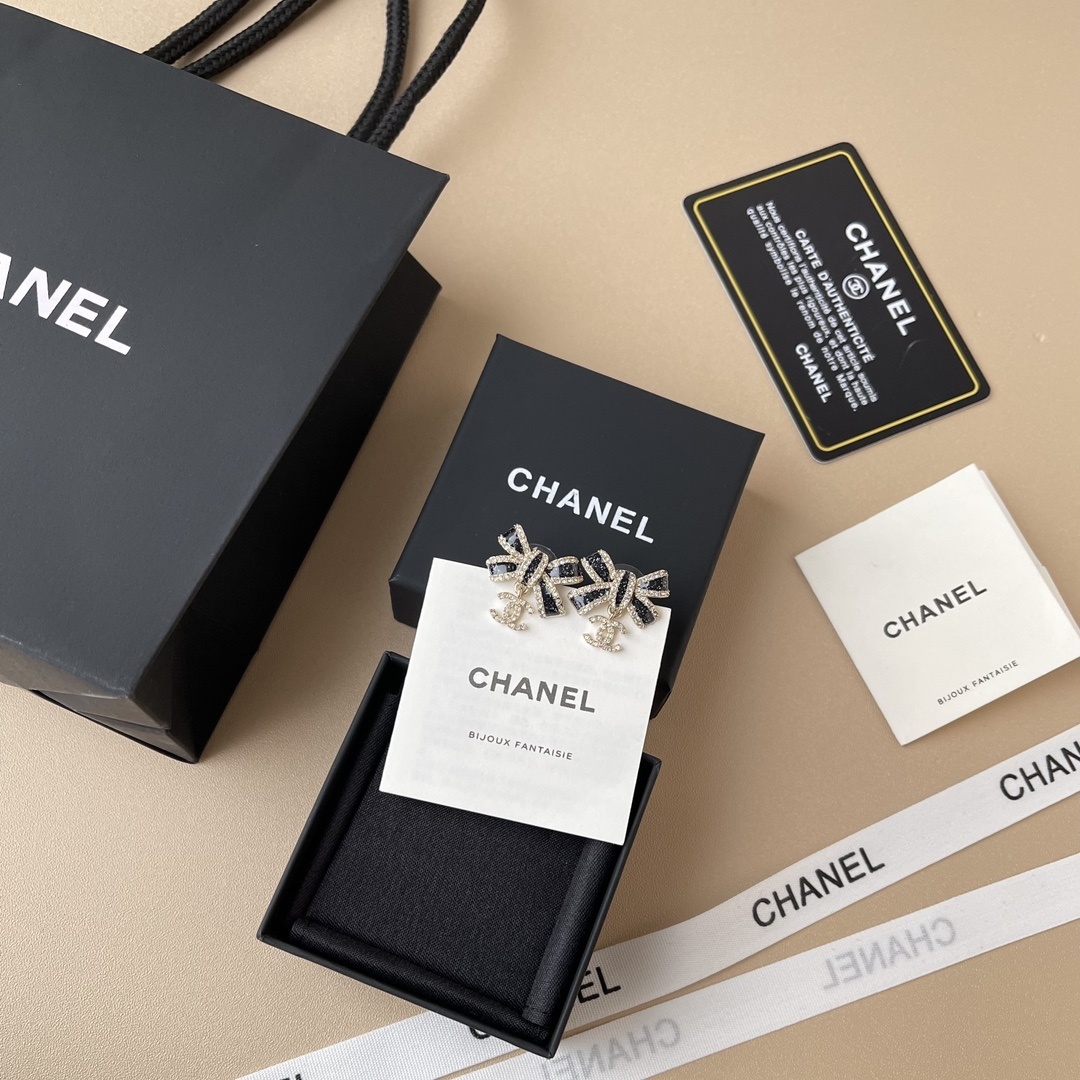 Chanel Crystal Bow Earrings with Black Enamel and CC Logo Drop
