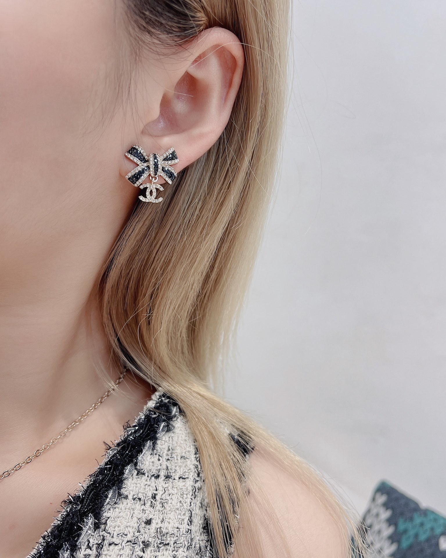 Chanel Crystal Bow Earrings with Black Enamel and CC Logo Drop