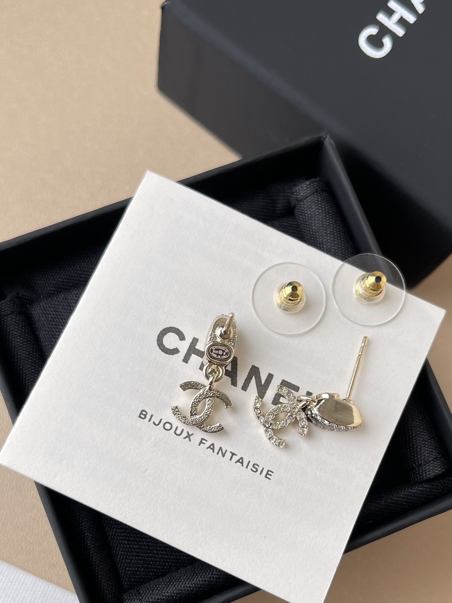 Luxury Chanel CC Logo Crystal Drop Earrings in Gold Tone