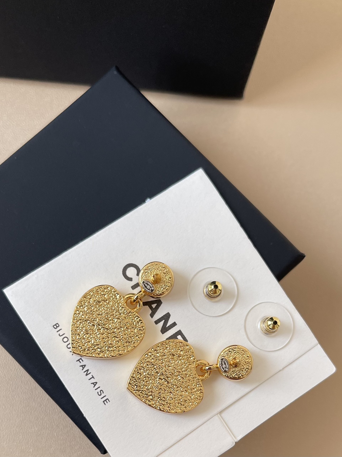 Luxury Black Enamel Heart Dangle Earrings with Gold CC Logo