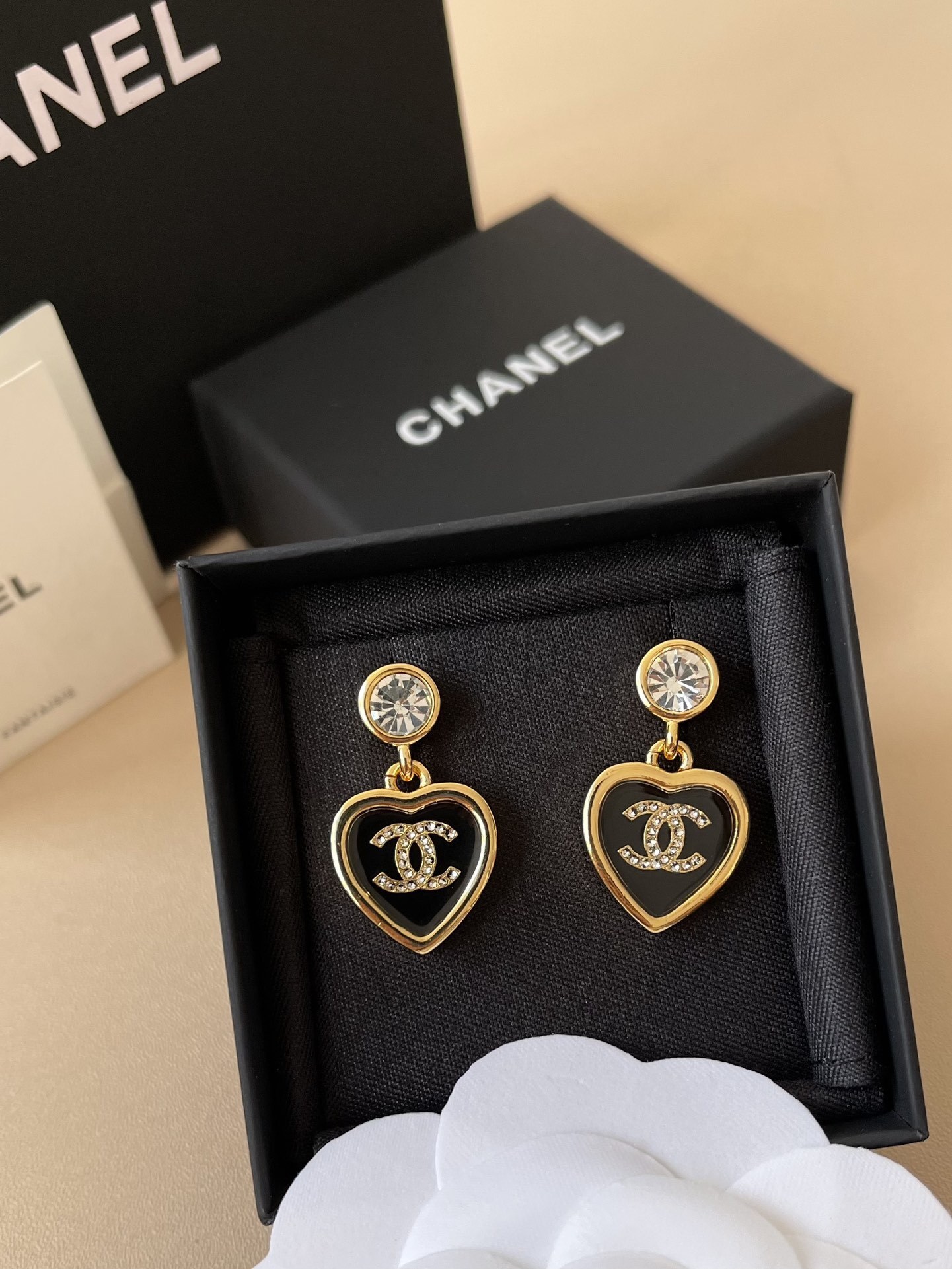 Luxury Black Enamel Heart Dangle Earrings with Gold CC Logo