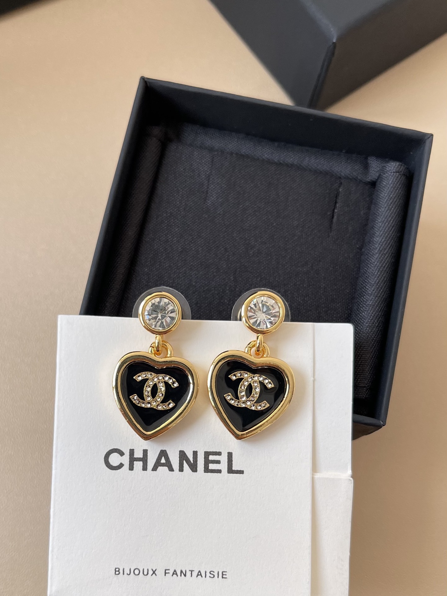 Luxury Black Enamel Heart Dangle Earrings with Gold CC Logo