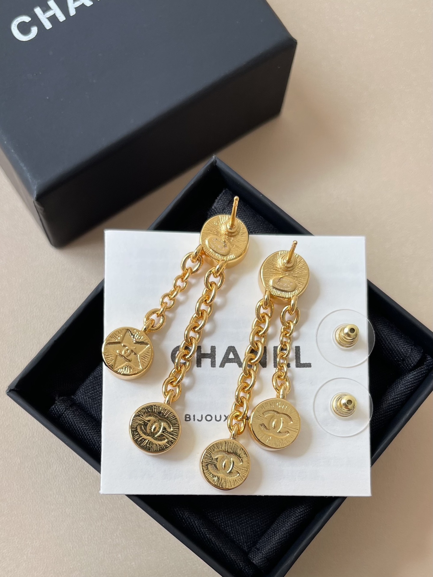 Elegant Gold-Tone Black Enamel CC Star Dangle Earrings