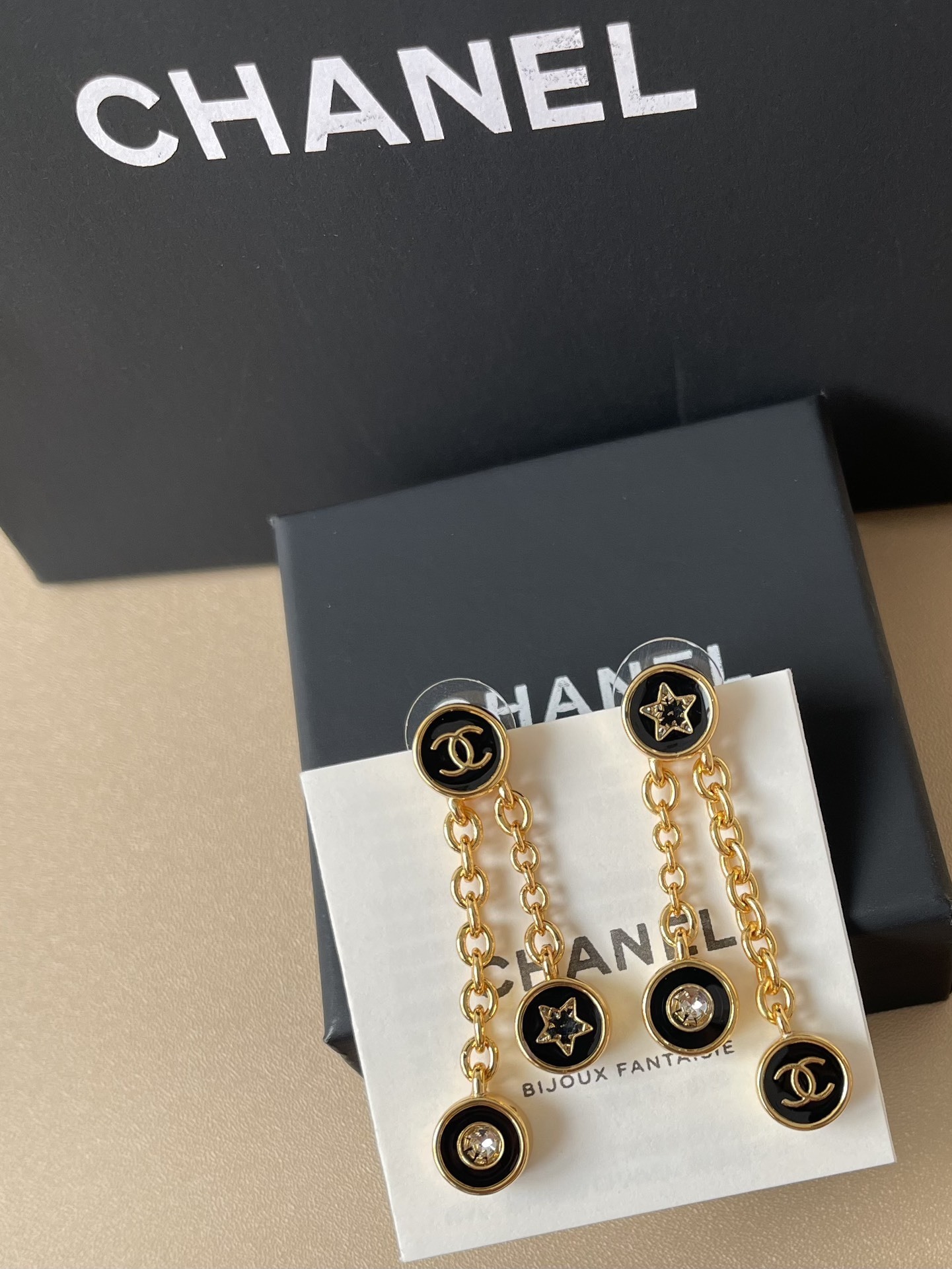 Elegant Gold-Tone Black Enamel CC Star Dangle Earrings