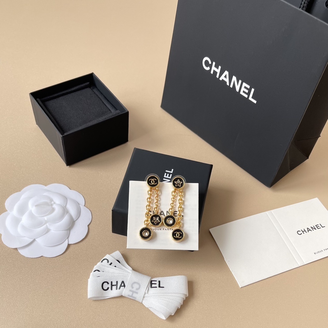 Elegant Gold-Tone Black Enamel CC Star Dangle Earrings