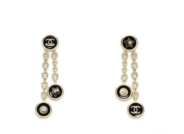 Elegant Gold-Tone Black Enamel CC Star Dangle Earrings