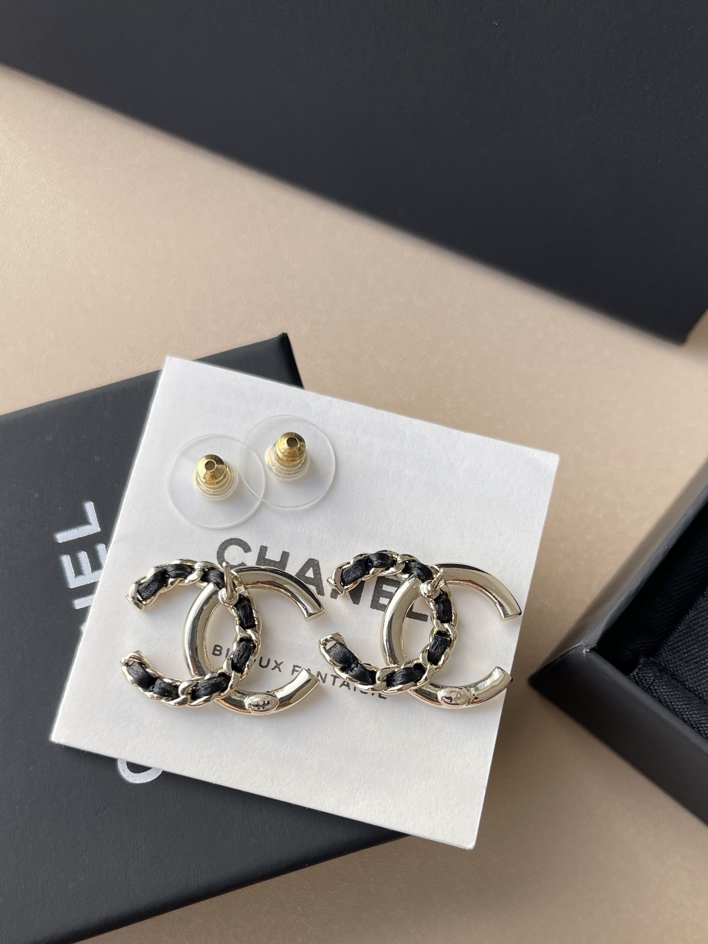 Elegant Crystal & Leather Intertwined Double C Stud Earrings