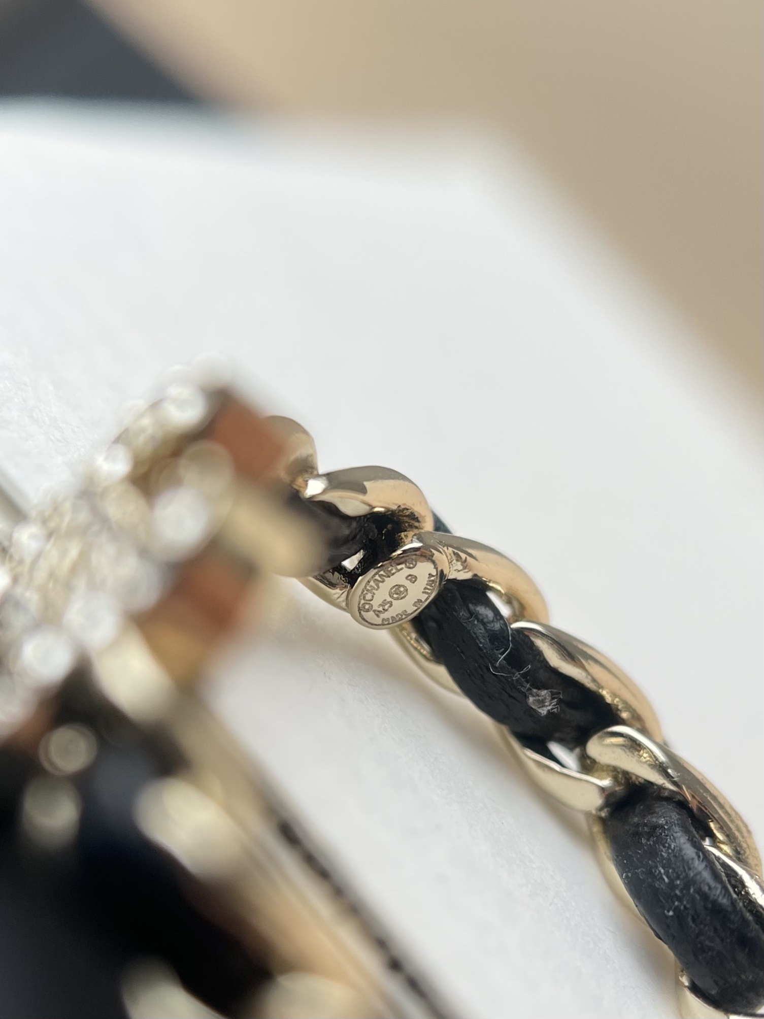 Luxury Leather Chain Hoop Earrings with Crystals - Gold & Black