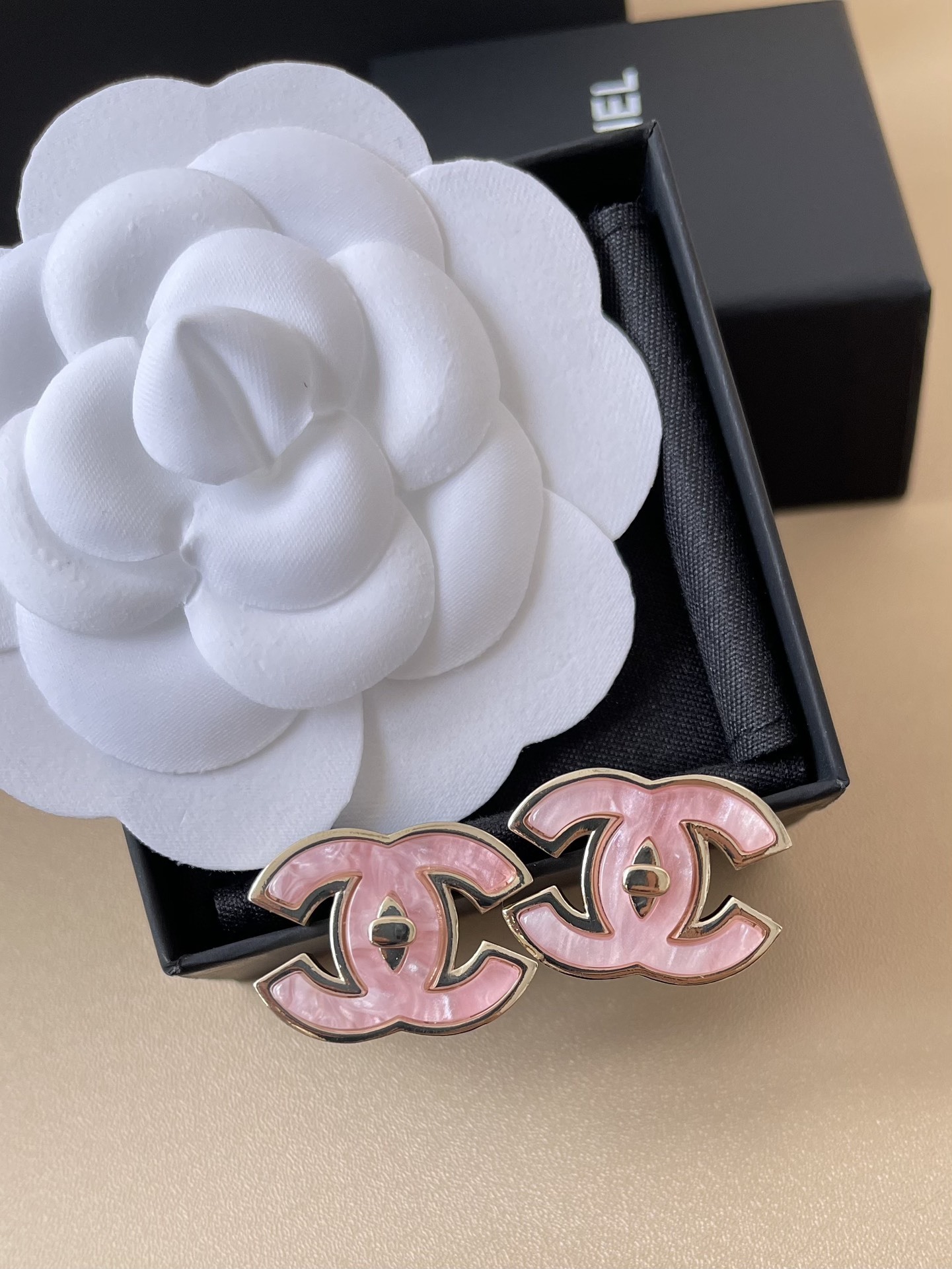 Chanel CC Logo Stud Earrings - Gold & Pearly Pink Resin