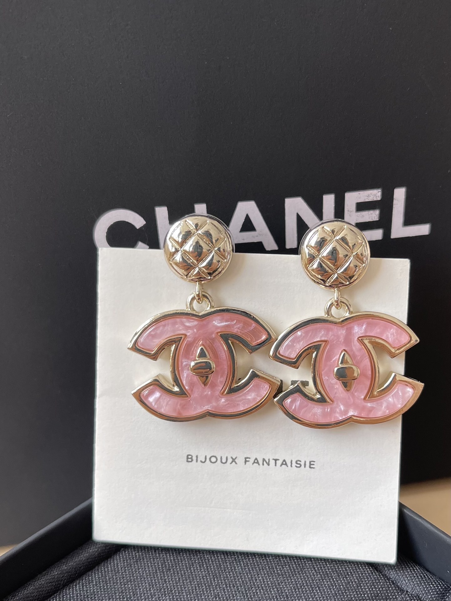 Luxury Pink Enamel CC Drop Earrings - Elegant Gold Quilted Studs